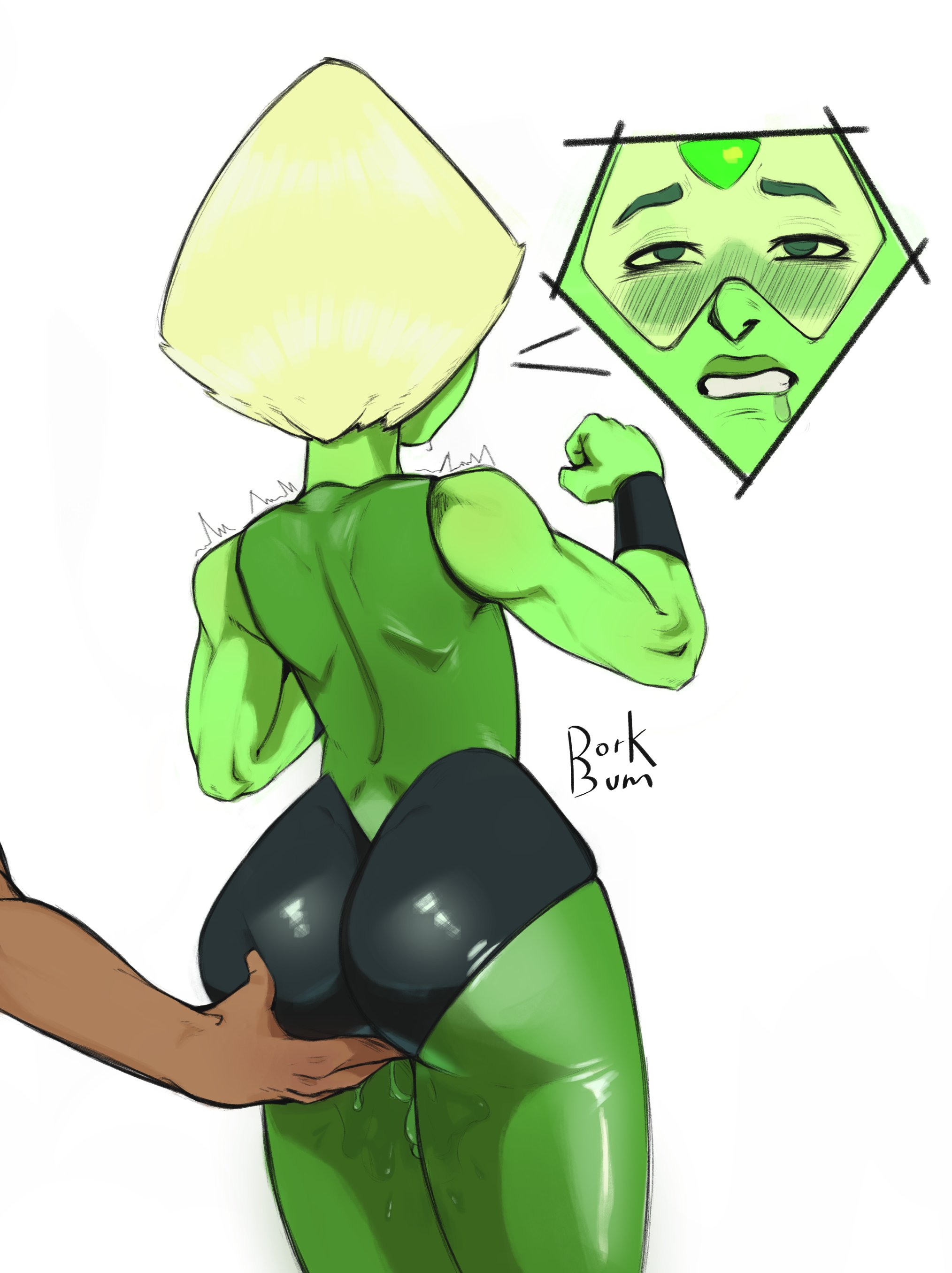 1girls, ass, ass focus, ass grab, clenched teeth, clothed, dorkbum, faceless character, female, from behind, gem (species), green skin, groping, peridot (steven universe), standing, steven universe, unseen character, wet, white background