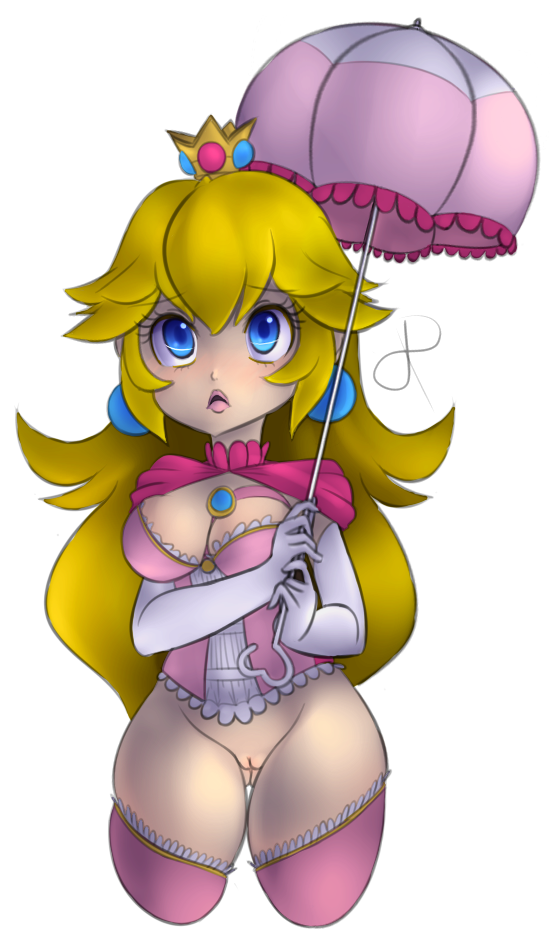 blonde_hair blue_eyes bottomless corset crown eyebrows_visible_through_hair eyelashes female large_breasts long_hair mario_(series) parted_lips princess_peach pussy rasenxoru solo super_smash_bros. thighhighs transparent_background umbrella