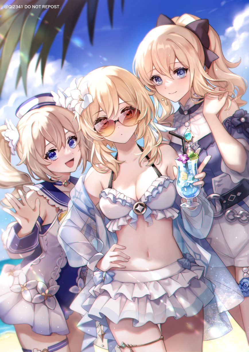 3girls alcohol artist_name bangs barbara_(genshin_impact) barbara_(summertime_sparkle)_(genshin_impact) bare_shoulders beach bikini bikini_skirt bikini_top_only blonde_hair blouse blue_choker blue_eyes blue_one-piece_swimsuit blue_shirt blue_sky blush bow breasts brown-tinted_eyewear choker cleavage closed_mouth commentary cup day drill_hair drinking_glass drinking_straw english_commentary genshin_impact hair_between_eyes hair_ornament hairbow hand_on_hip hat high-waist_shorts high_ponytail highres jean_gunnhildr jean_gunnhildr_(sea_breeze_dandelion) light_blush looking_at_viewer lumine_(genshin_impact) medium_breasts multiple_girls navel nun official_alternate_costume one-piece_swimsuit open_mouth outdoors ponytail qi2341 sailor_hat sand shirt shore short_hair_with_long_locks shorts skirt sky smile standing stomach sunglasses swimsuit thigh_strap thighlet thighs tinted_eyewear twin_drills white_headwear white_shorts yellow_eyes