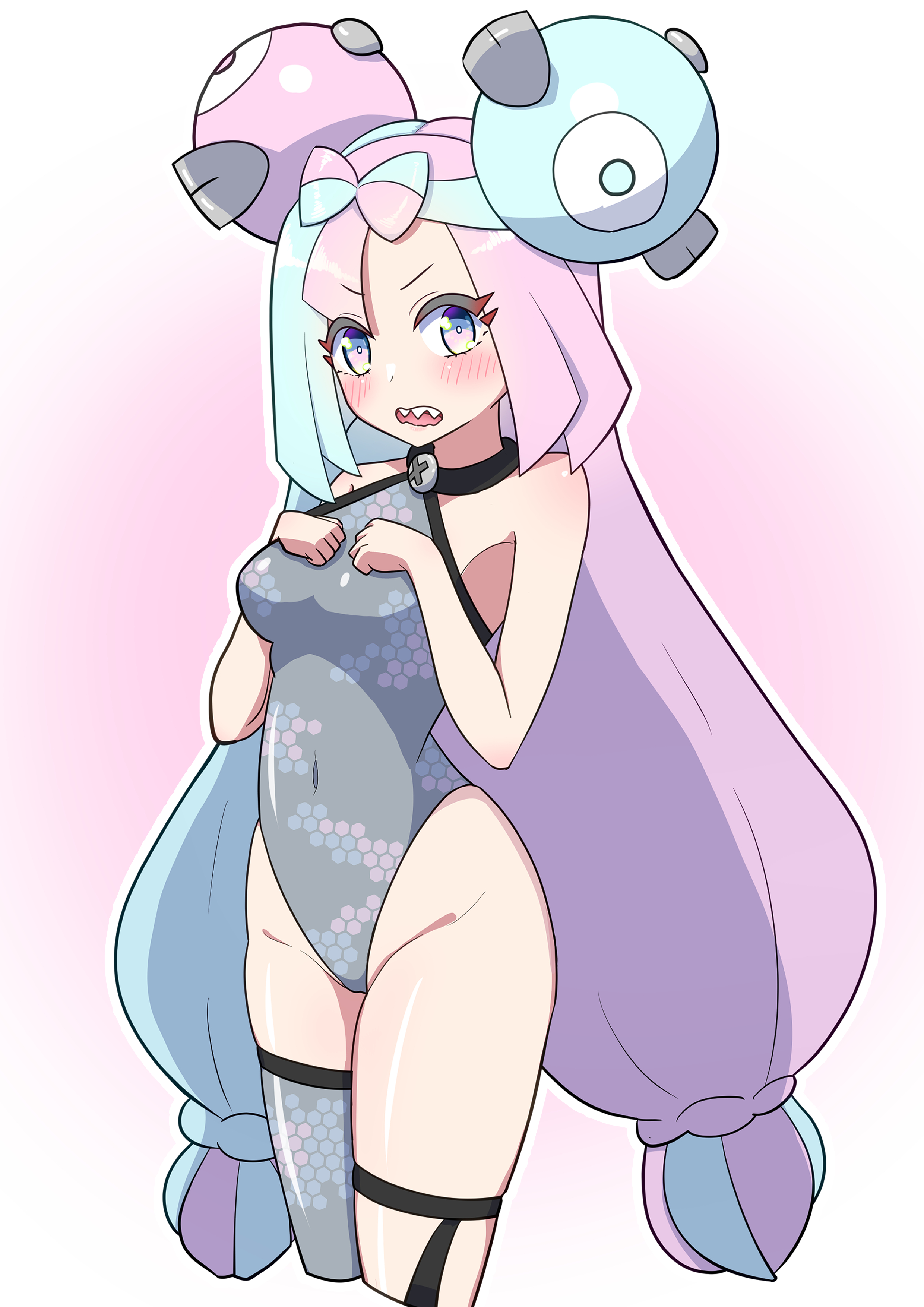 1girls, blue and pink hair, blush, breasts, cheria, eye contact, female, female focus, female only, game freak, hair ornament, hi res, highres, iono (pokemon), legwear, legwear only, leotard, long hair, looking at viewer, nintendo, pokemon, pokemon (game), pokemon sv, sharp teeth, solo, standing, thick thighs, two-tone hair