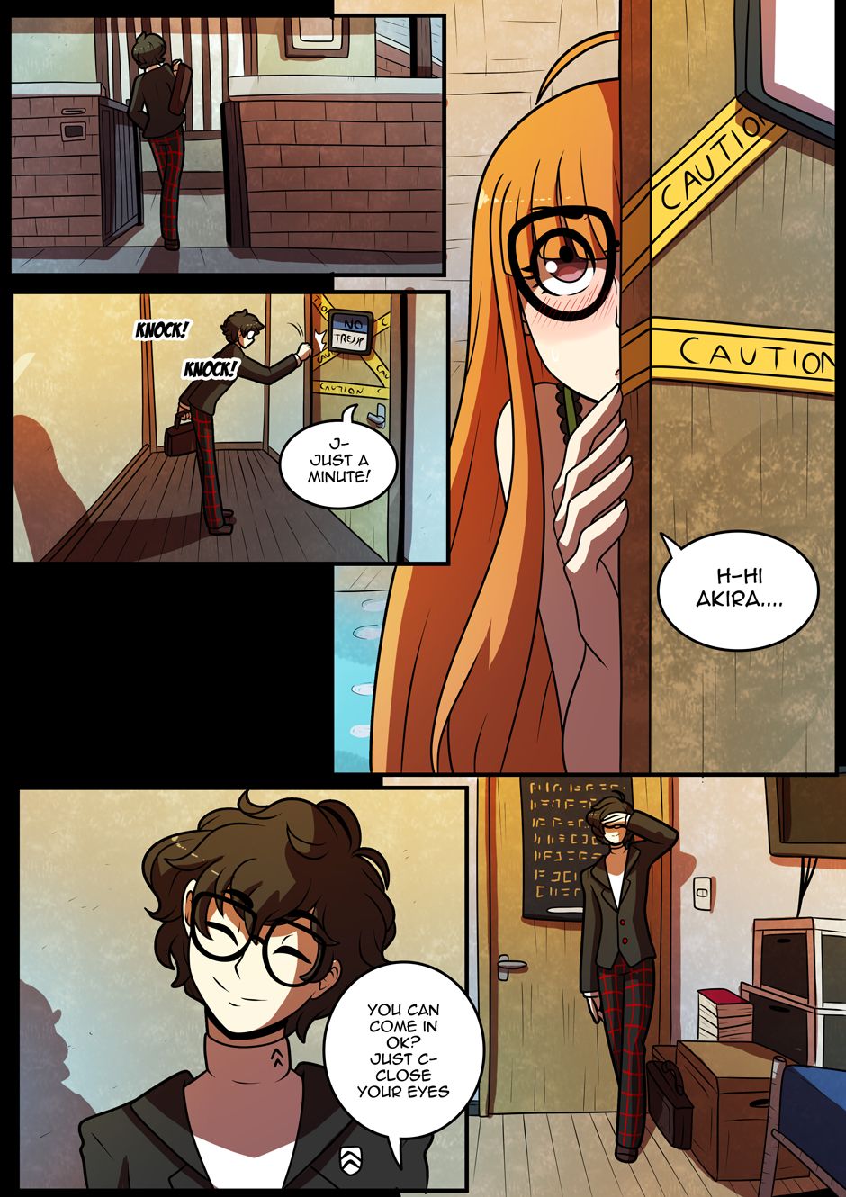 1boy, 1girls, bedroom, black hair, comic, door, english text, female, glasses, kinkymation, male, orange hair, persona, persona 5, ren amamiya, sakura futaba
