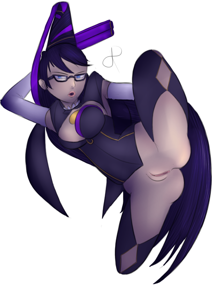 bayonetta bayonetta_(character) black_hair blue_eyes female glasses gun handgun large_breasts parted_lips pussy rasenxoru solo spread_legs thick_thighs transparent_background very_long_hair weapon