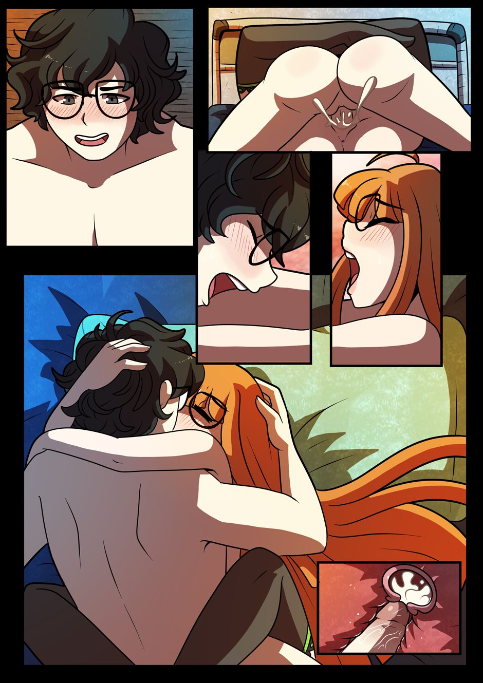 1boy, 1girls, closed eyes, comic, creampie, cum, cum in pussy, cum in uterus, cum inside, english text, female, glasses, hug, kinkymation, kissing, kissing while penetrated, light skin, light-skinned female, long hair, looking pleasured, male, missionary position, on back, on bed, pale skin, pale-skinned female, persona, persona 5, pussy, ren amamiya, sakura futaba, sex, spread legs, teenage female, teenager, uterus, vaginal penetration, very long hair