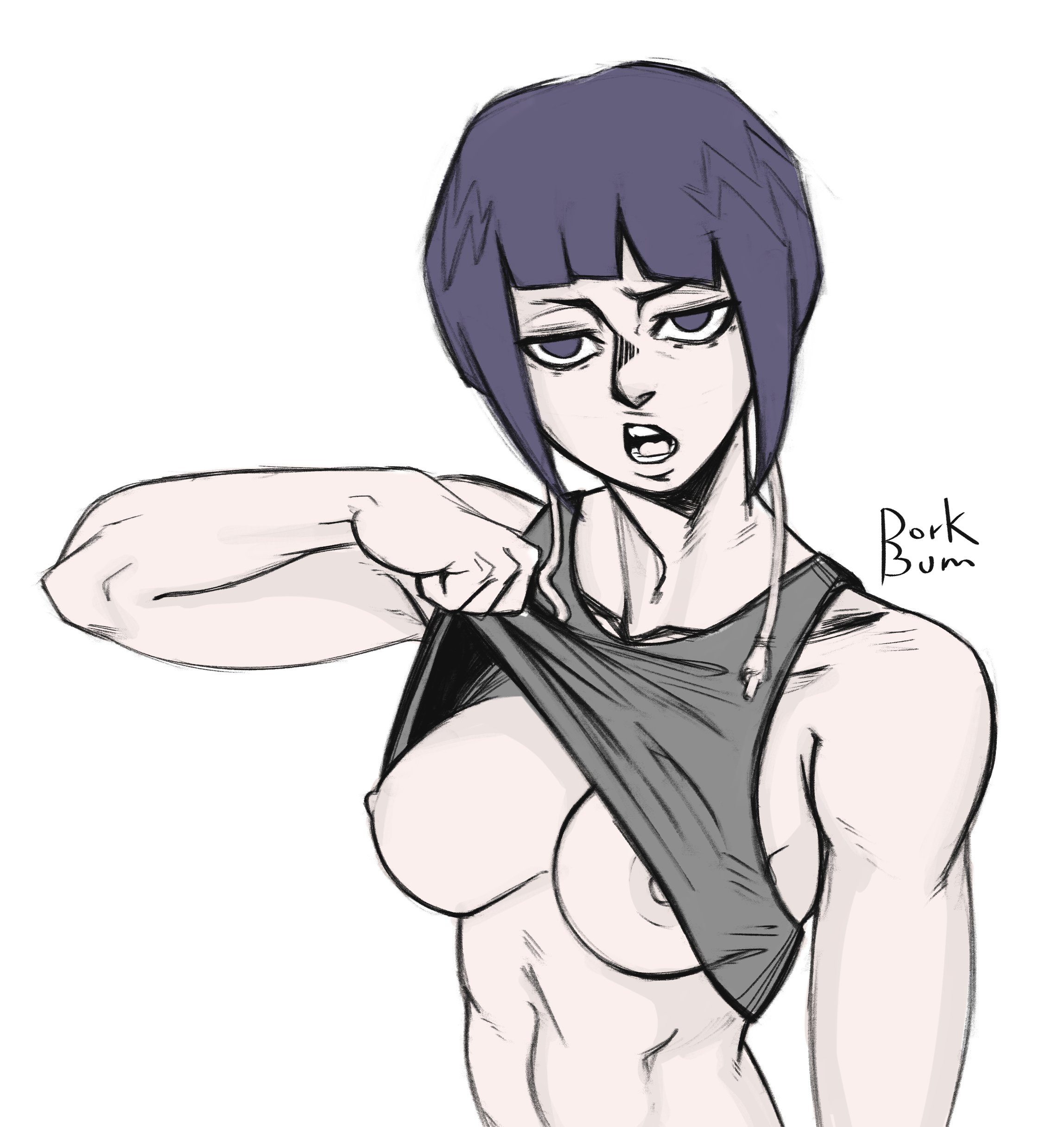 1girls, abs, athletic, athletic female, breasts, breasts out, dorkbum, female, kyoka jiro, medium breasts, my hero academia, short hair, sketch, solo, tank top, tank top lift