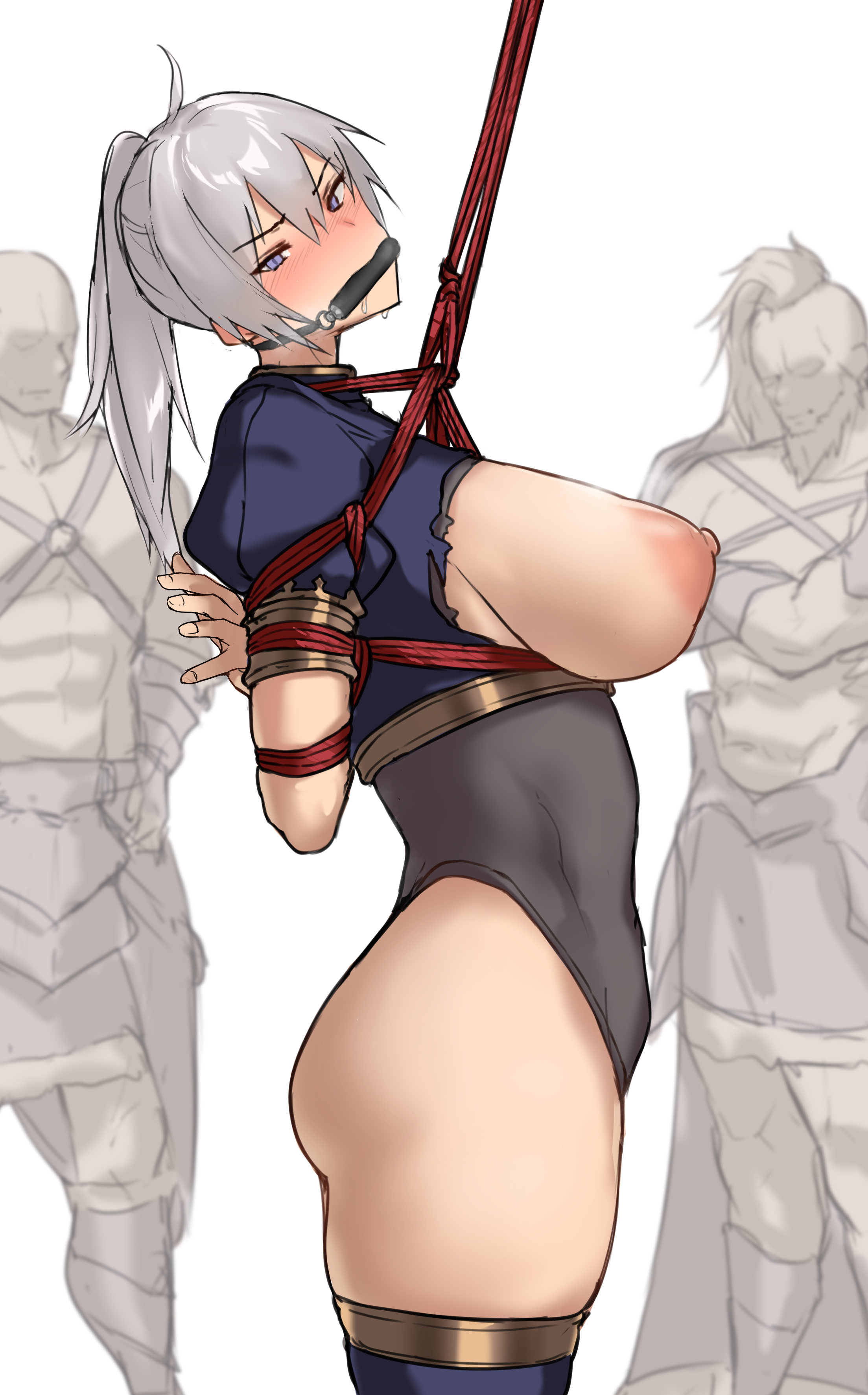 arms behind back, big breasts, bondage, breasts, breasts out, female, gagged, grey hair, leotard, looking at viewer, ponytail, red rope, sideboob, standing, tied up, torn clothes, yagi 764364