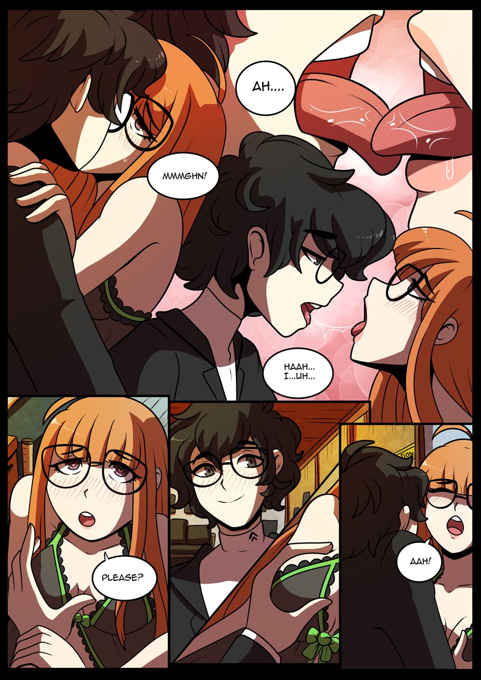 1boy, 1girls, bedroom, black hair, blush, breast grab, breasts, comic, covered nipples, english text, female, french kiss, glasses, kinkymation, kissing, lingerie, male, medium breasts, nipples, orange hair, persona, persona 5, ren amamiya, sakura futaba, tongue, tongue out