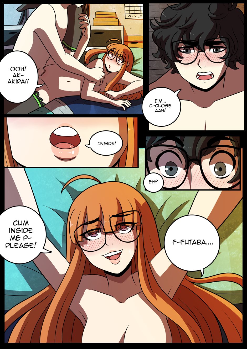 1boy, 1girls, blush, breasts, comic, creampie request, cum announcement, cum inside request, english text, female, glasses, imminent creampie, kinkymation, male, medium breasts, nipples, nude, open mouth, orange hair, persona, persona 5, ren amamiya, sakura futaba, sex