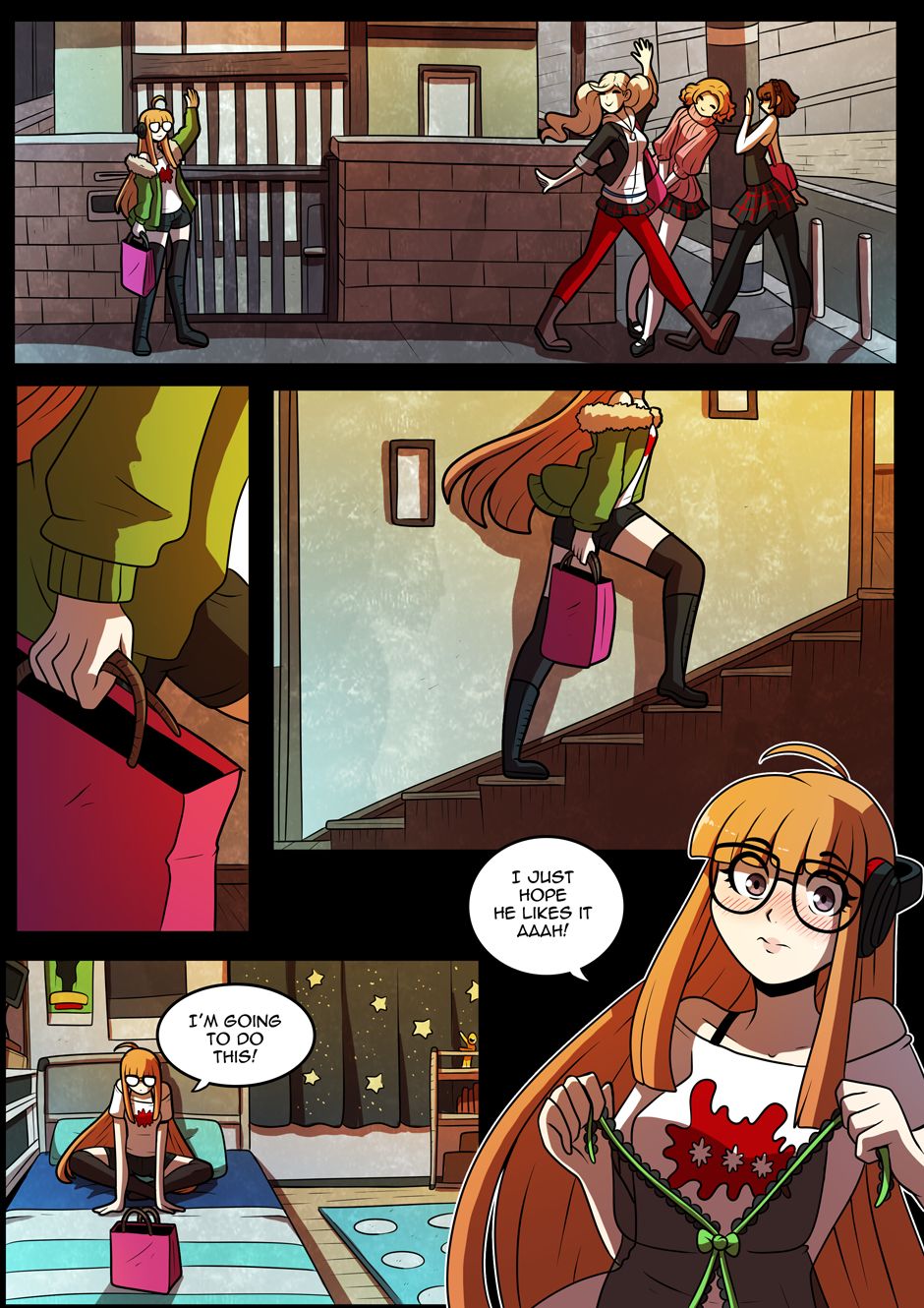 4girls, ann takamaki, bed, bedroom, breasts, comic, dialogue, english text, female, glasses, haru okumura, kinkymation, lingerie, makoto niijima, medium breasts, multiple females, multiple girls, orange hair, persona, persona 5, sakura futaba, speech bubble, stairs, text