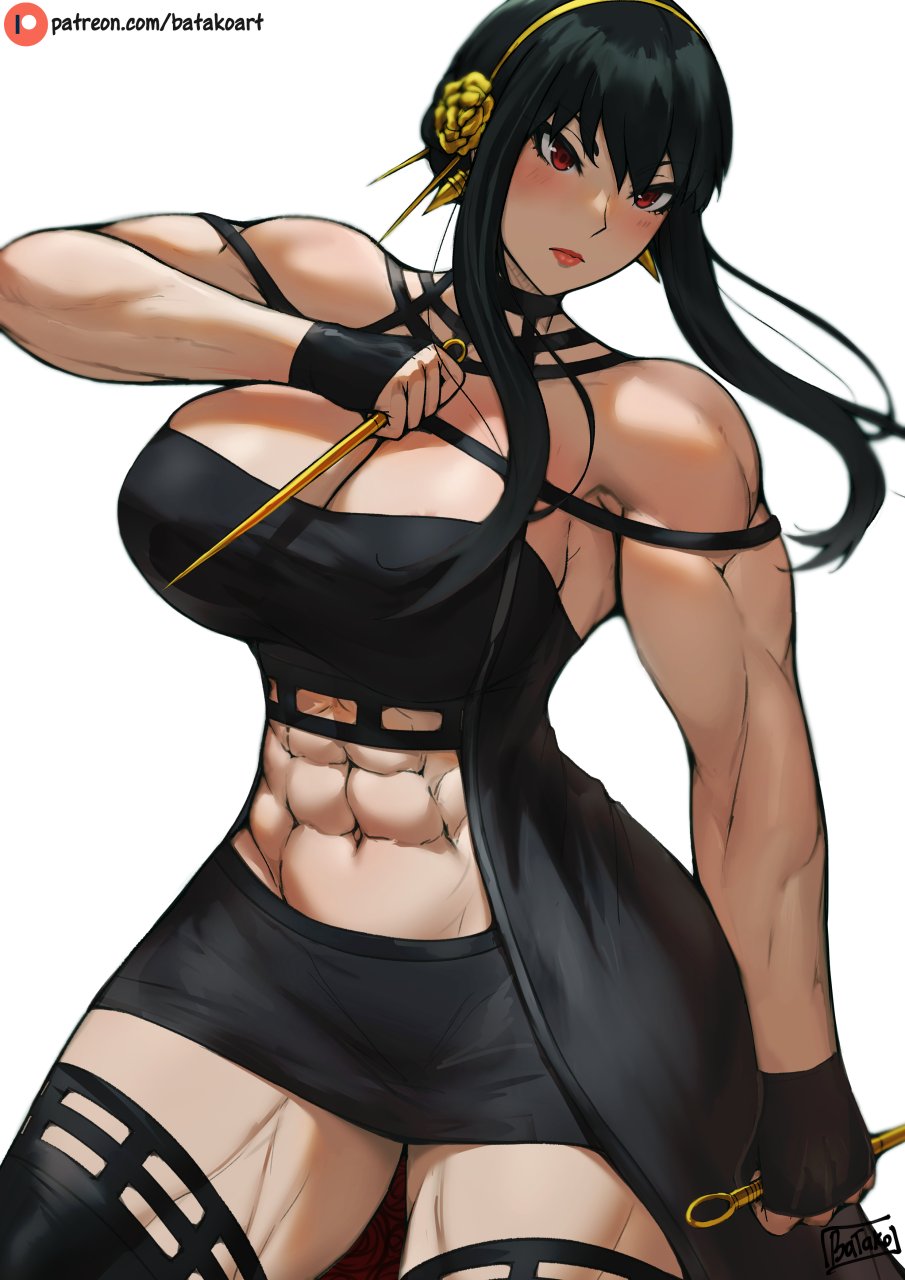 1girls, abs, assassin, athletic, athletic female, batako, big breasts, breasts, dress, female, fit, fit female, hair ornament, long hair, midriff, muscles, muscular, muscular female, muscular legs, muscular thighs, solo, spy x family, stiletto (weapon), tagme, thick thighs, thighhighs, thorn princess, yor briar