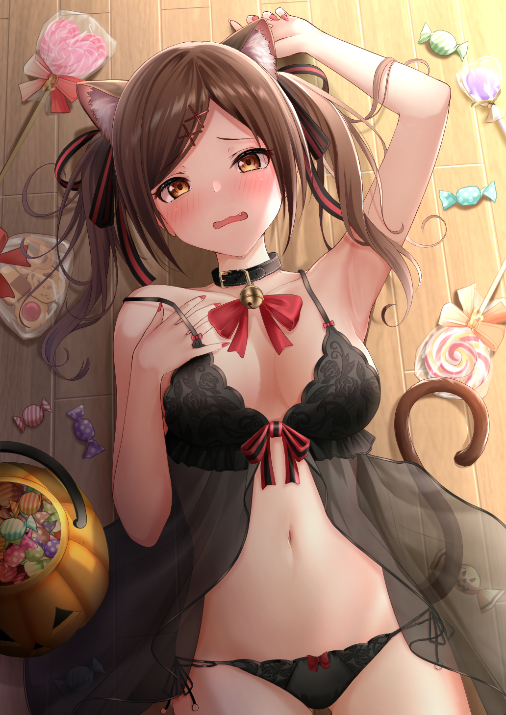 1girls amber_eyes animal_ear_fluff animal_ears arm_up armpits babydoll bad_id bad_pixiv_id bare_arms bare_shoulders black_choker black_panties breasts brown_eyes brown_hair candy cat_ears cat_girl cat_tail choker fang female food halloween halloween_bucket highres lingerie lollipop long_hair looking_at_viewer lying medium_breasts monaka_curl nail_polish navel on_back on_floor open_mouth original panties pumpkin red_nails revision see-through side-tie_panties solo stomach string_panties swirl_lollipop tail twintails underwear underwear_only wavy_mouth wooden_floor