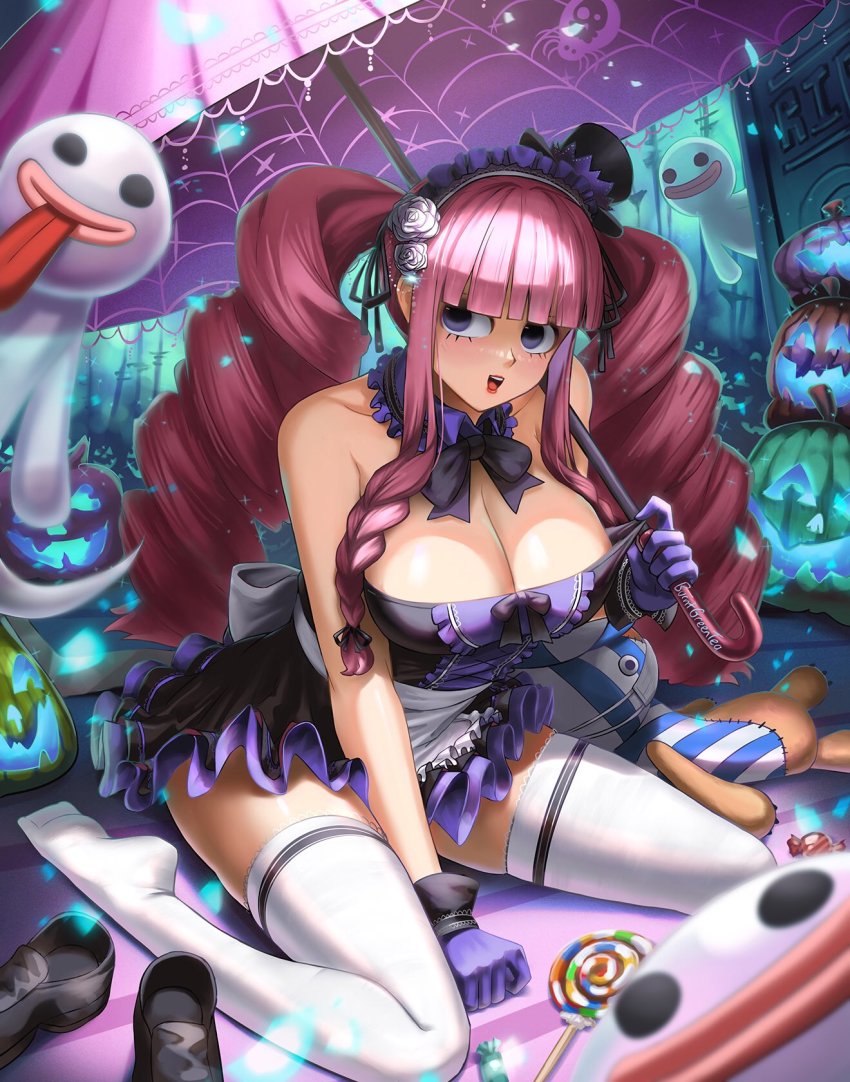 apron blunt_bangs blush burnt_green_tea cleavage dress dress_tug drill_hair female female_only gloves gothic_lolita halloween_costume large_breasts long_hair maid_apron one_piece open_mouth perona pink_hair purple_eyes purple_gloves red_lipstick shoes shoes_removed short_dress solo_focus spread_legs thick_thighs thighhighs thighs twintails uncensored white_legwear white_stockings wide_hips