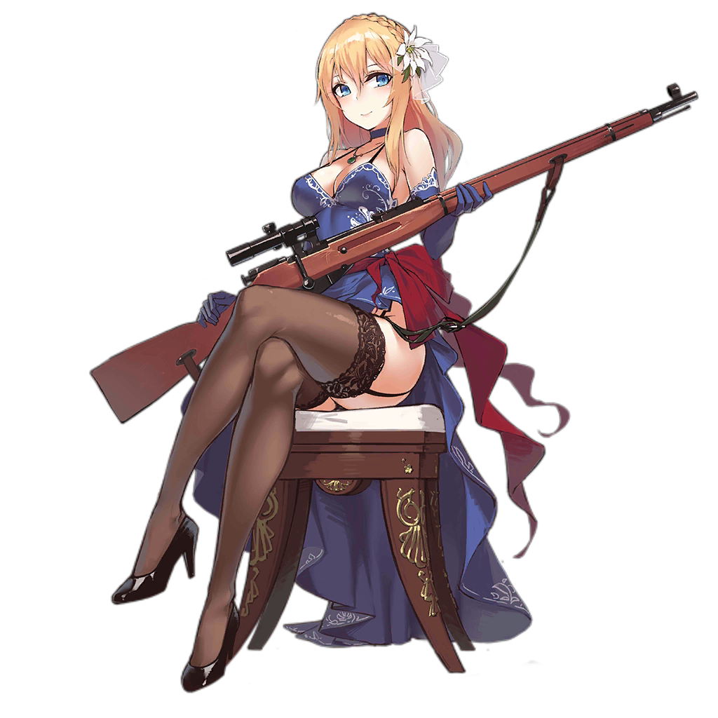 big_ass big_breasts black_thighhighs blonde_hair blue_eyes choker crown_braid fangdan_runiu flower_in_hair garter_straps girls'_frontline hair_ornament high_heels lace-trimmed_thighhighs long_gloves mosin-nagant_(girls'_frontline) necklace scope sitting_on_chair smiling_at_viewer sniper_rifle thighhighs wide_hips