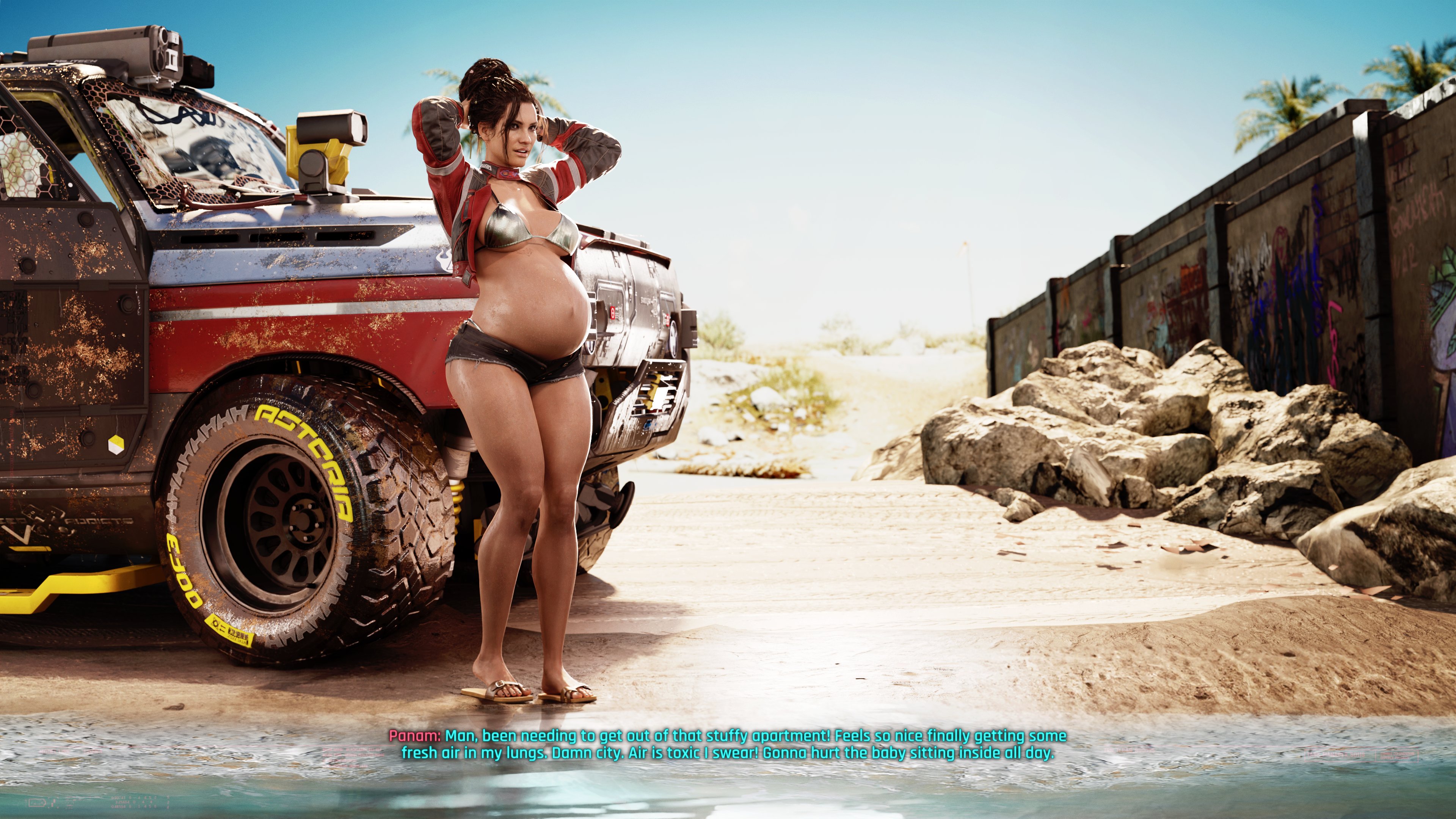 1girls, 3d, 4k, absurdres, blender, cyberpunk 2077, dinoboy555, female, female only, highres, panam palmer, pregnant, solo