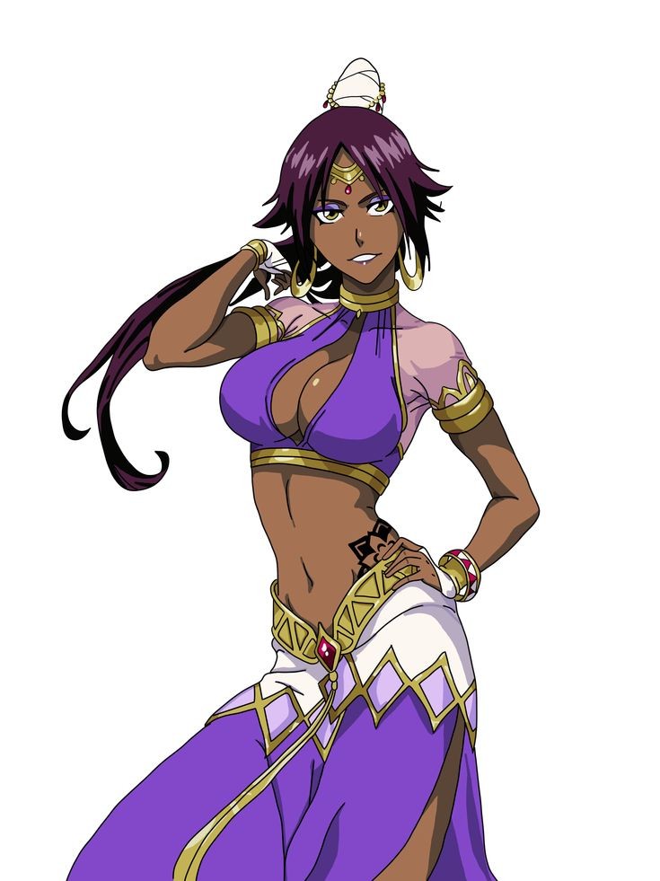 1girls amber_eyes artist_request belly_dancer belly_dancer_outfit bleach bleach_brave_souls dark-skinned_female dark_skin female female_only fully_clothed hand_on_hip harem_girl harem_outfit large_breasts long_hair ponytail purple_hair shihouin_yoruichi solo voluptuous