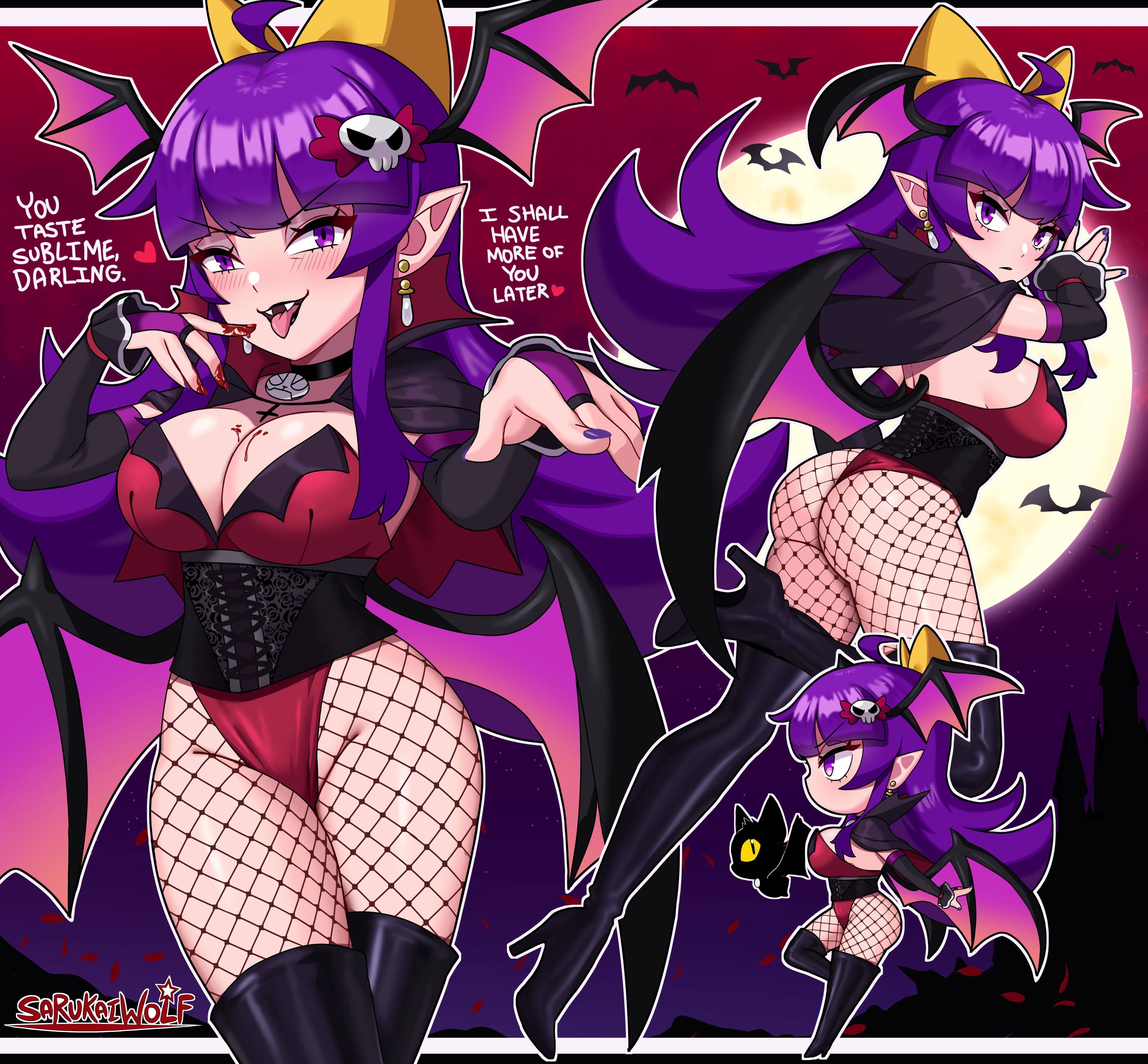 1girls, ass, big ass, breasts, english text, female, female only, fishnets, fully clothed, high heels, looking at viewer, nail polish, original, purple eyes, purple hair, purple nails, revealing clothes, sarukaiwolf, solo, tagme, text, violentine (sarukaiwolf)