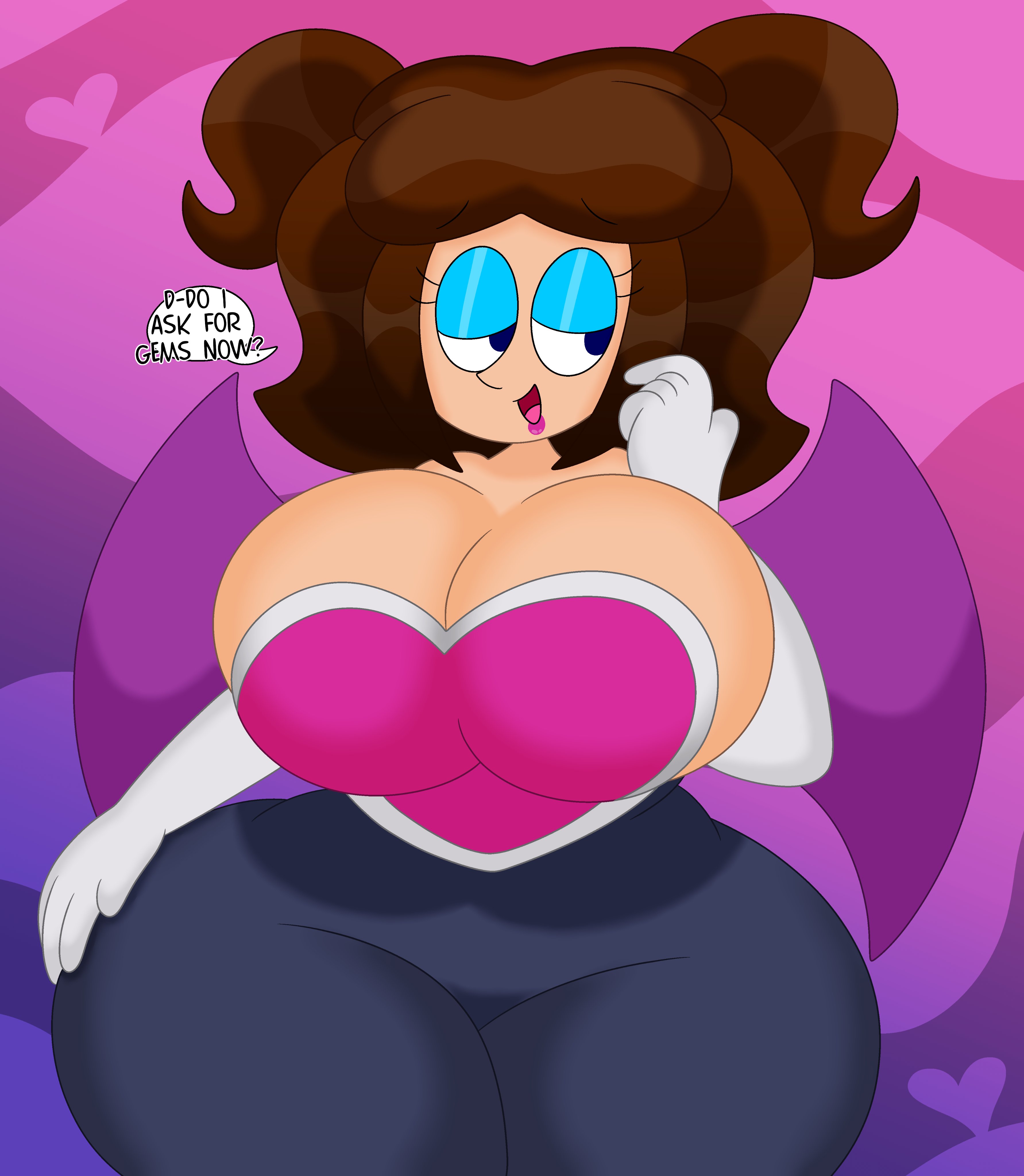 1girls, 3barts, big breasts, bodysuit, breasts, brown hair, busty, clothing, cosplay, dialogue, english text, eyeshadow, female, female only, gloves, huge breasts, jess (3barts), large breasts, lipstick, rouge the bat (cosplay), solo, sonic (series), text, thick thighs, thunder thighs, wide hips