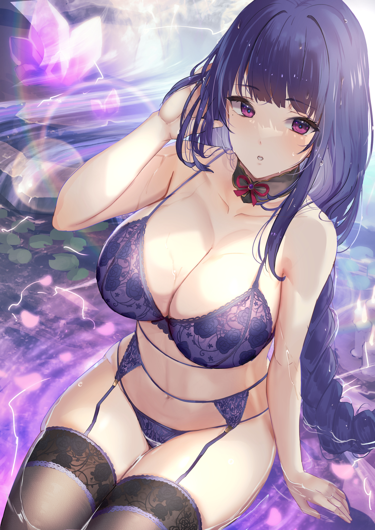 1girls, artist request, beauty mark, bikini, bra, braided hair, breasts, cleavage, female, female only, garter belt, garter straps, genshin impact, hi res, hips, huge breasts, long hair, mole under eye, outdoors, panties, purple bra, purple eyes, purple hair, purple panties, raiden shogun, slim waist, solo, solo female, thick thighs, thighhighs, thighs, water, wet, wide hips