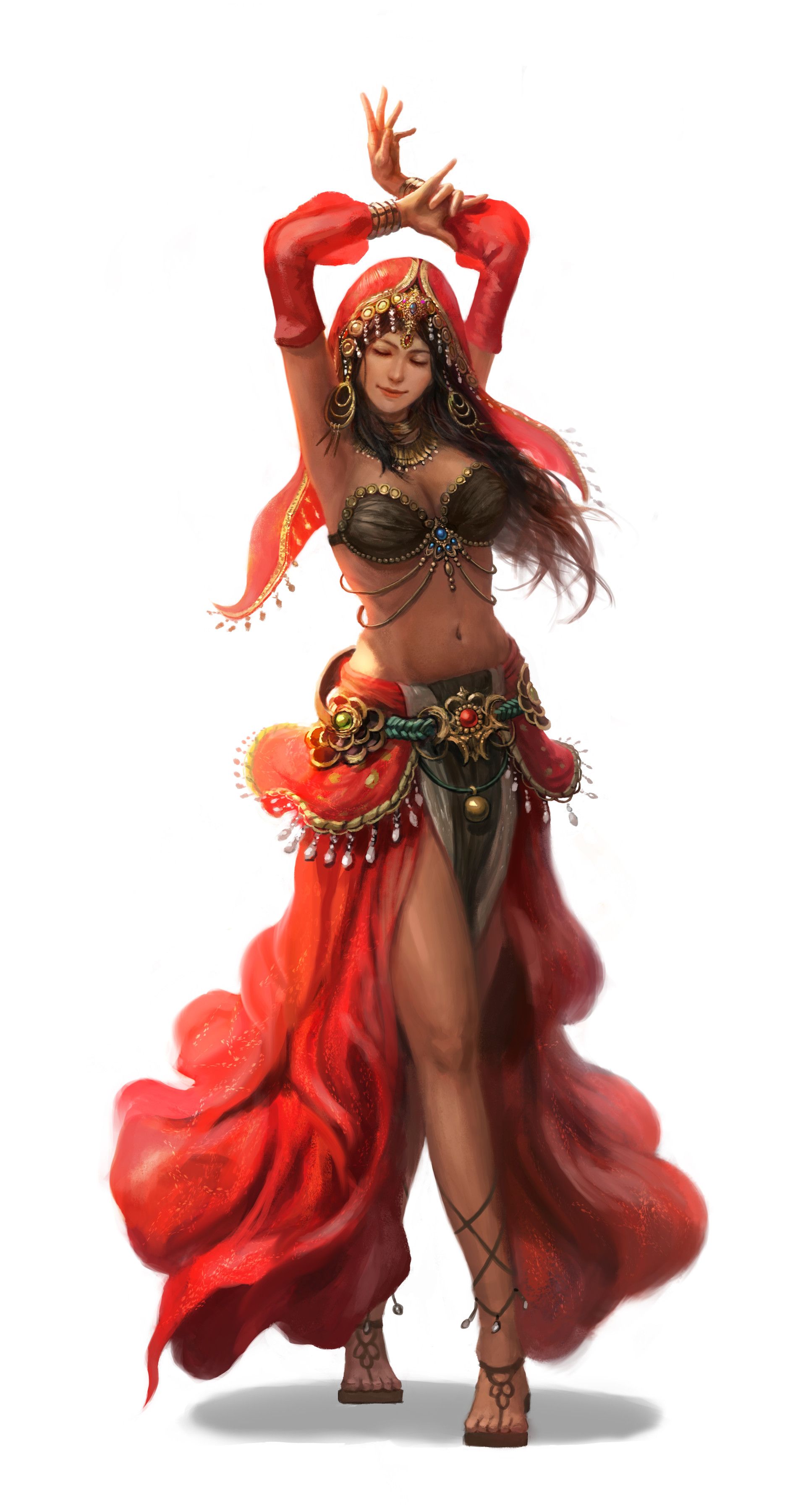 1girls, arabian, arms up, artist request, belly dancer, belly dancer outfit, breasts, brown hair, cleavage, closed eyes, dancer, female, female only, fully clothed, harem girl, harem outfit, large breasts, long hair, original, original character, sandals, solo, veil