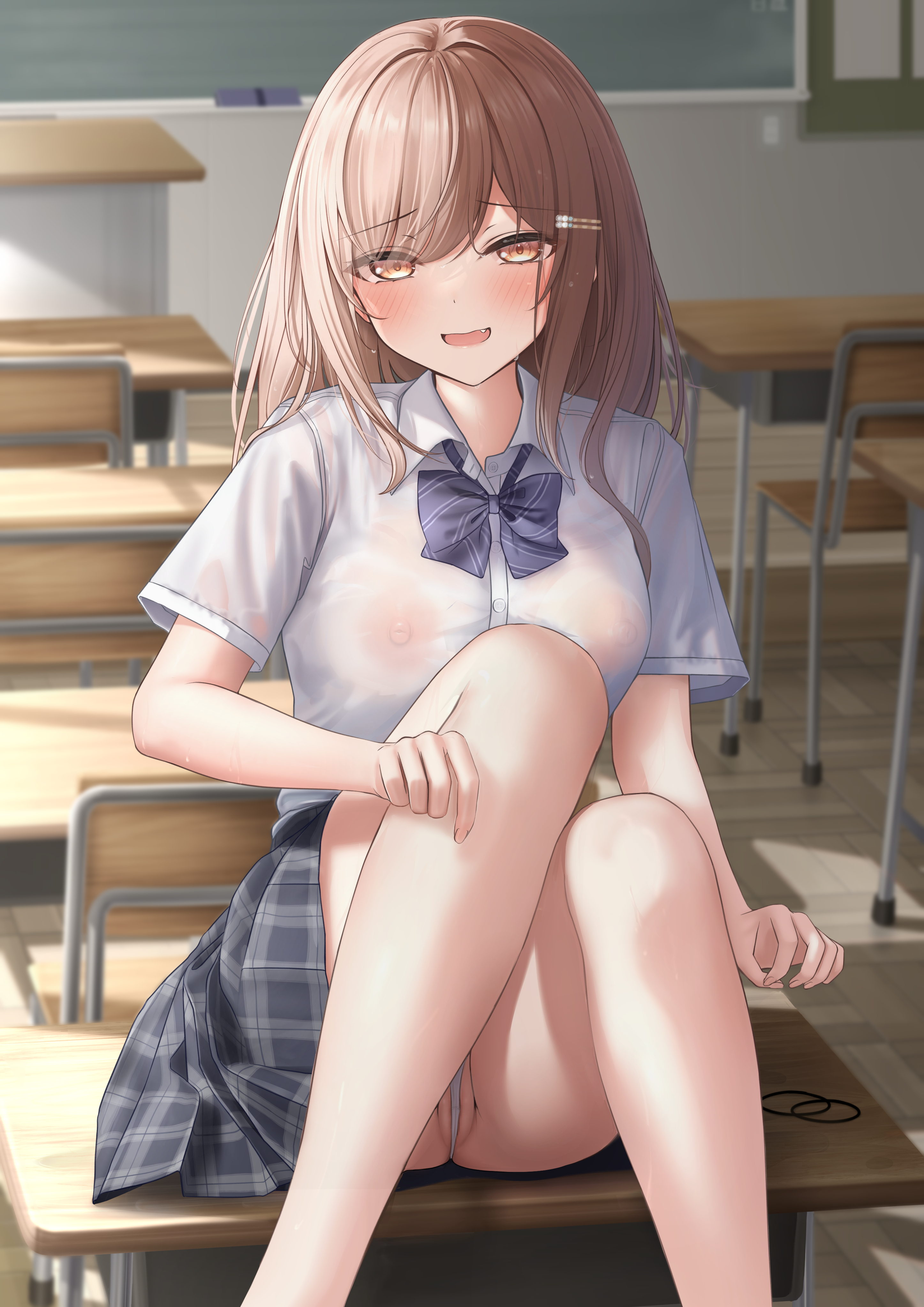 amber eyes, areolae, bangs, black skirt, blue bow, blue bowtie, blush, bow, bowtie, breasts, brown eyes, brown hair, classroom, clothes pull, collared shirt, desk, female, female only, hair ornament, hairclip, highres, imouto-chan (monaka curl), indoors, large breasts, long hair, looking at viewer, monaka curl, nipples, nipples visible through clothing, no bra, on desk, original, parted lips, pussy, pussy peek, school uniform, shirt, short sleeves, sitting, sitting on desk, skirt, smile, solo, teeth, thighs, wet, wet clothes, wet clothing, white shirt
