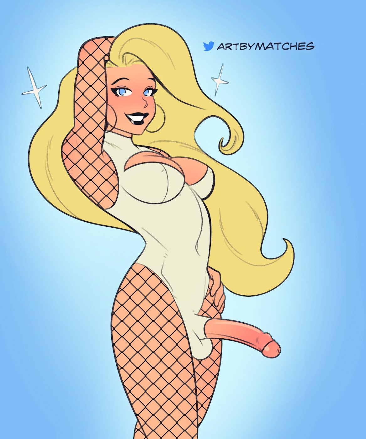 1futa, artbymatches, balls, big breasts, big penis, black lipstick, blonde hair, blue eyes, breasts, cleavage, clothed, clothing, erection, fishnets, foreskin, futa only, futanari, human, intersex, leotard, light skin, light-skinned futa, lipstick, long hair, looking at viewer, mostly clothed, partially retracted foreskin, penis, penis out, retracted foreskin, smile, solo, solo futa, standing, uncircumcised, uncut