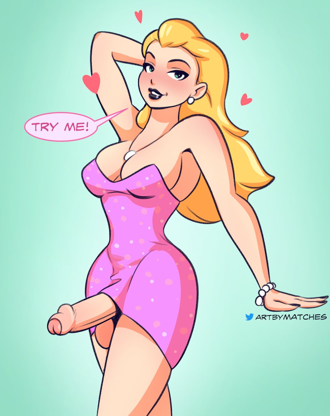 1futa, alternate version at source, artbymatches, balls, big breasts, big penis, black lipstick, blonde hair, bottomless, breasts, clothed, clothing, dress, erection, foreskin, futa only, futanari, human, intersex, light skin, light-skinned futa, lipstick, long hair, mostly clothed, partially retracted foreskin, penis, retracted foreskin, solo, solo futa, standing, uncircumcised, uncut
