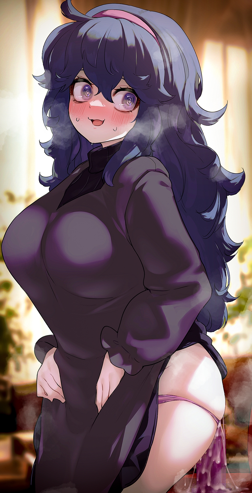 1girls, ass, blush, breasts, censored, clothed, clothed female, clothes, clothing, dildo, dildo sitting, dress, female, game freak, goth, hex maniac, hi res, hips, hizake, huge breasts, human, human only, indoors, kashu (hizake), large ass, light skin, light-skinned female, long hair, messy hair, mosaic censoring, nintendo, pale skin, pale-skinned female, panties, panties down, pokemon, pokemon xy, purple eyes, purple hair, sex toy, thick thighs, thighs, visible breath, wide hips