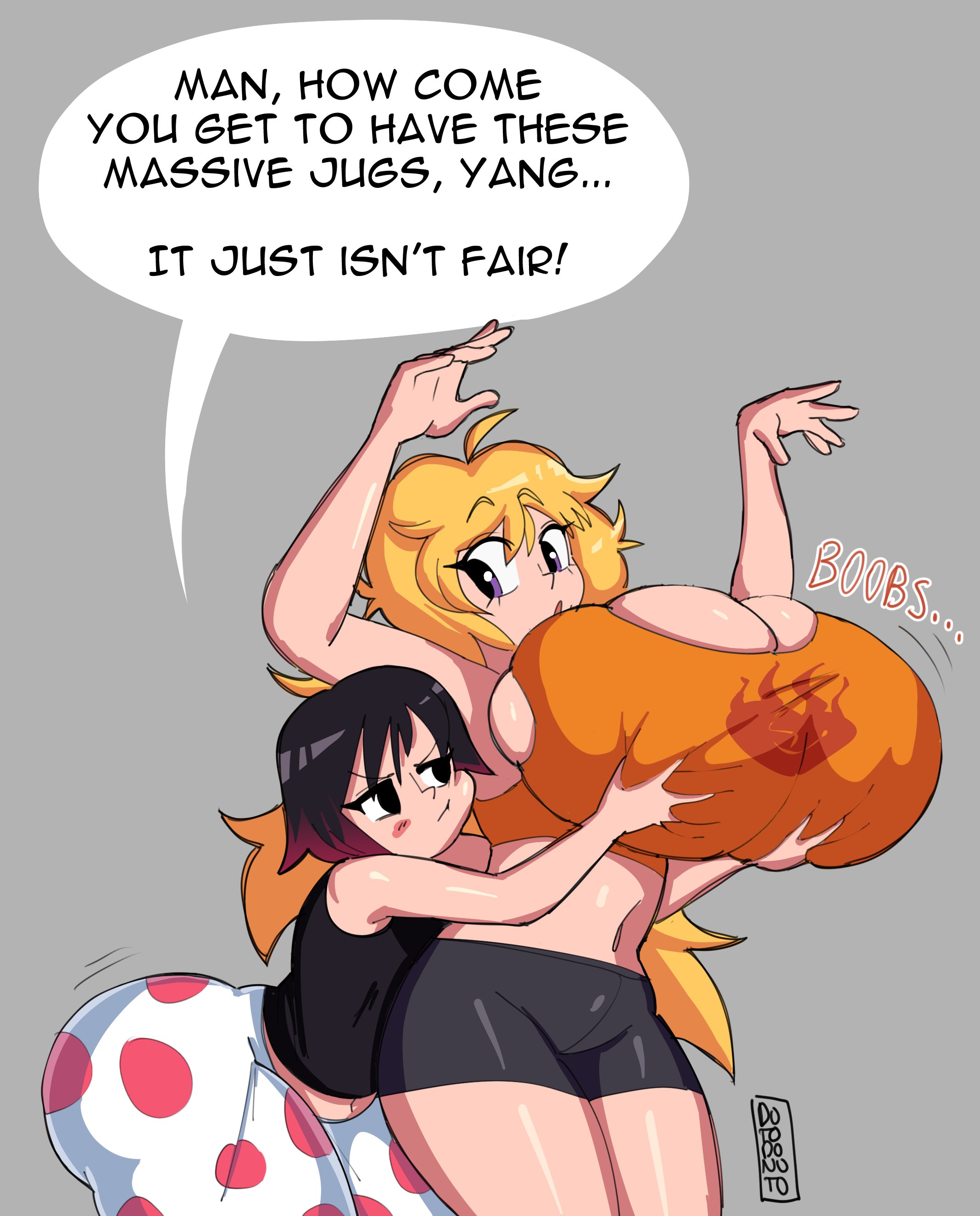 2022, 2girls, ass, ass bigger than breasts, ass vs breasts, big ass, big breasts, blonde hair, bottom heavy, breast envy, breast focus, breast grab, breast size talk, breasts, breasts bigger than ass, bubble ass, bubble butt, busty, cleavage, clothing, comparing, comparison, deep skin, dotodonoto, female, female only, grope, groping, holding breasts, huge ass, huge breasts, large breasts, pajamas, red hair, ruby rose, rwby, sisters, size talk, text, thick thighs, top heavy, wide hips, yang xiao long