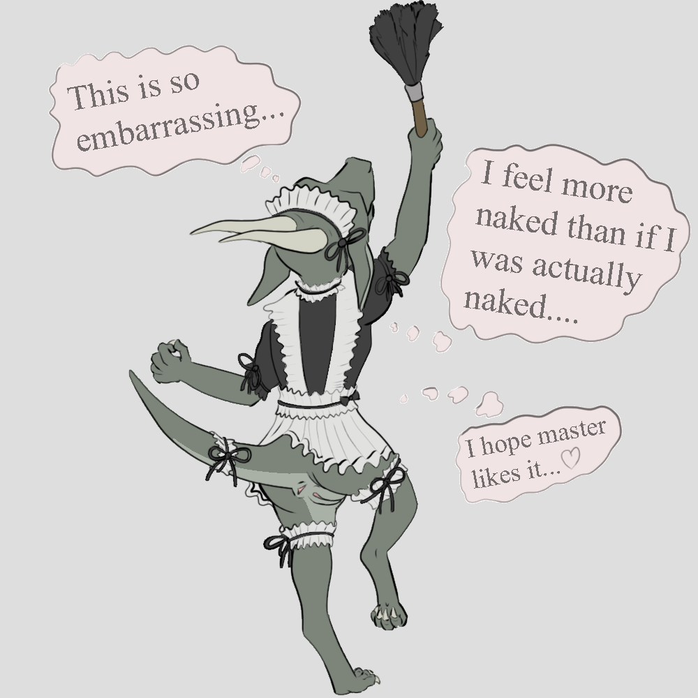 anthro anus ass claws cleaning_tool clothing english_text feather_duster female genitals heart horn kobold maid_uniform on_one_leg original_character presenting presenting_hindquarters pussy raised_leg raised_tail reptile scalie solo speech_bubble standing text tinyterrible uniform