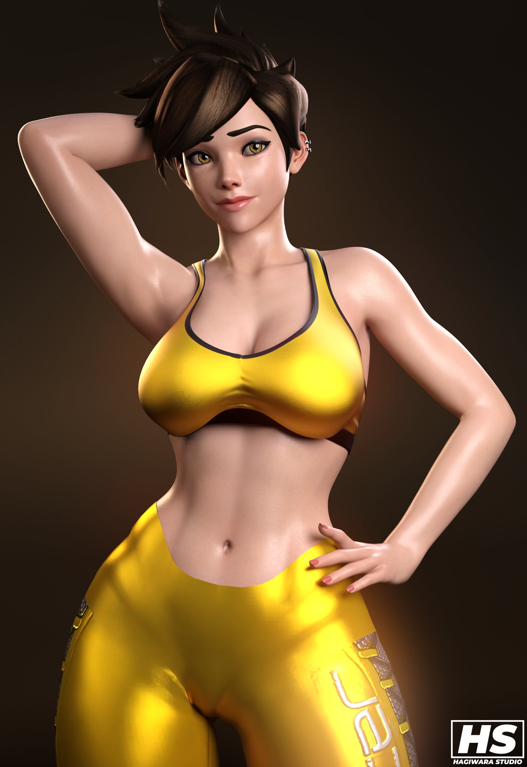 1girls, 3d, abs, big breasts, blizzard entertainment, breasts, cameltoe, cleavage, female, female only, hagiwara studio, muscular, muscular female, overwatch, pose, pussy, solo female, sports bra, thick thighs, tracer, yoga pants