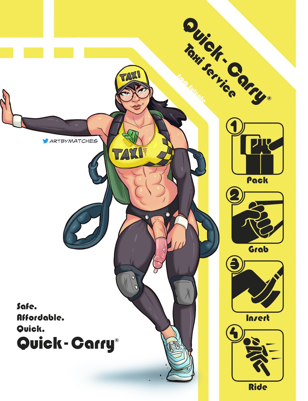 1futa, 2022, artbymatches, balls, big breasts, big penis, black hair, breasts, clothed, clothing, condom, derivative work, flaccid, foreskin, full body, futa only, futanari, glasses, human, intersex, light skin, light-skinned futa, long hair, looking at viewer, mostly clothed, muscular, muscular futa, partially retracted foreskin, penis, quick-carry taxi service (sulcate), retracted foreskin, solo, solo futa, standing, uncircumcised, uncut