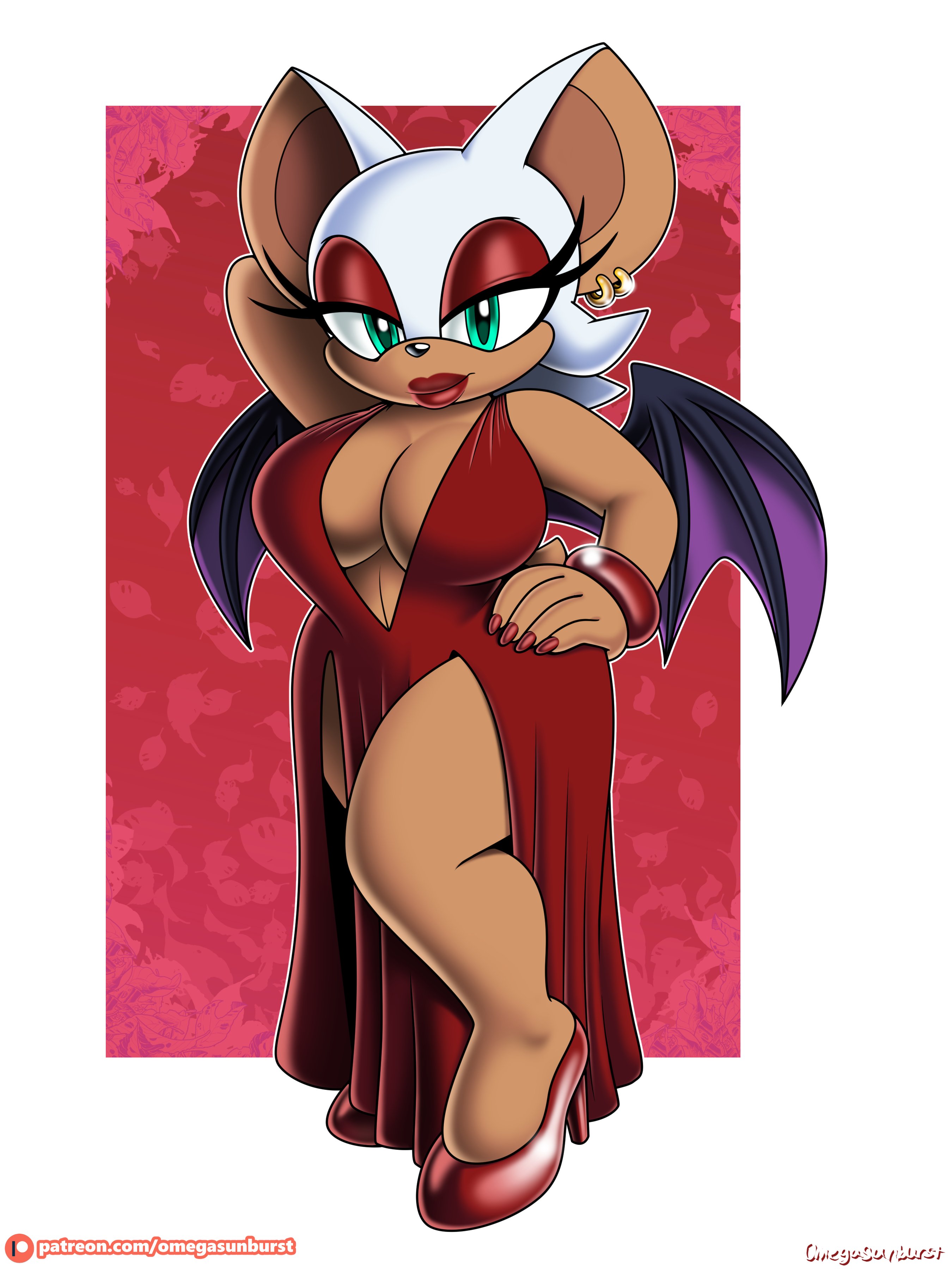 1girls, anthro, barely contained, barely contained breasts, barely fits, bat, bat ears, bat wings, big breasts, big lips, bimbo, bimbo lips, breasts, cleavage, clothing, dress, ear piercing, earrings, evening gown, eyeshadow, female, female only, furry, green eyes, half-closed eyes, hand on hip, heels, high heels, huge breasts, hyper bimbo, lips, lipstick, nail polish, nails, omegasunburst, red dress, red eyeshadow, red lips, red lipstick, red nail polish, red nails, rouge the bat, sega, shortstack, solo, solo female, sonic (series), sonic the hedgehog (series), thick lips, tight dress, wings