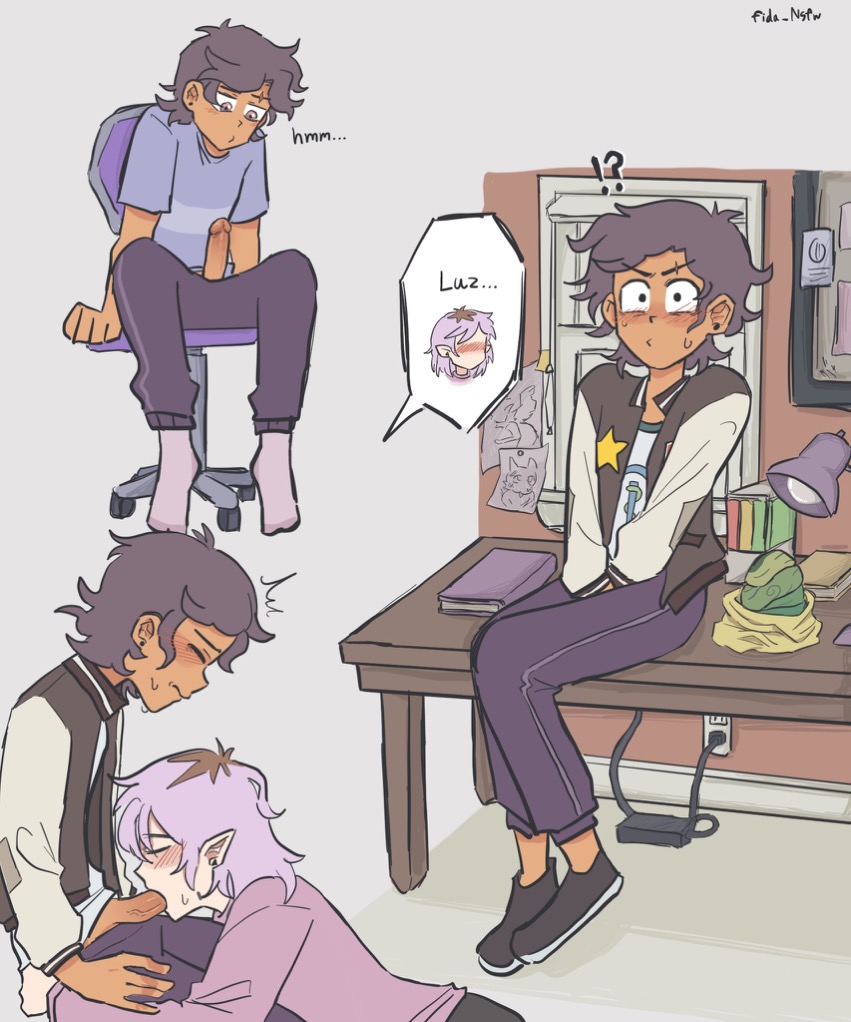 1futa, 1girls, 2d, amity blight, bent over, brown hair, clothed, clothing, dark skin, dark-skinned futa, deepthroat, duo, erection, fellatio, female, fida san12, fully clothed, futa on female, futanari, human, humanoid, intersex, light skin, light-skinned female, luz noceda, mostly clothed, oral, penis, sex, sitting, the owl house, witch