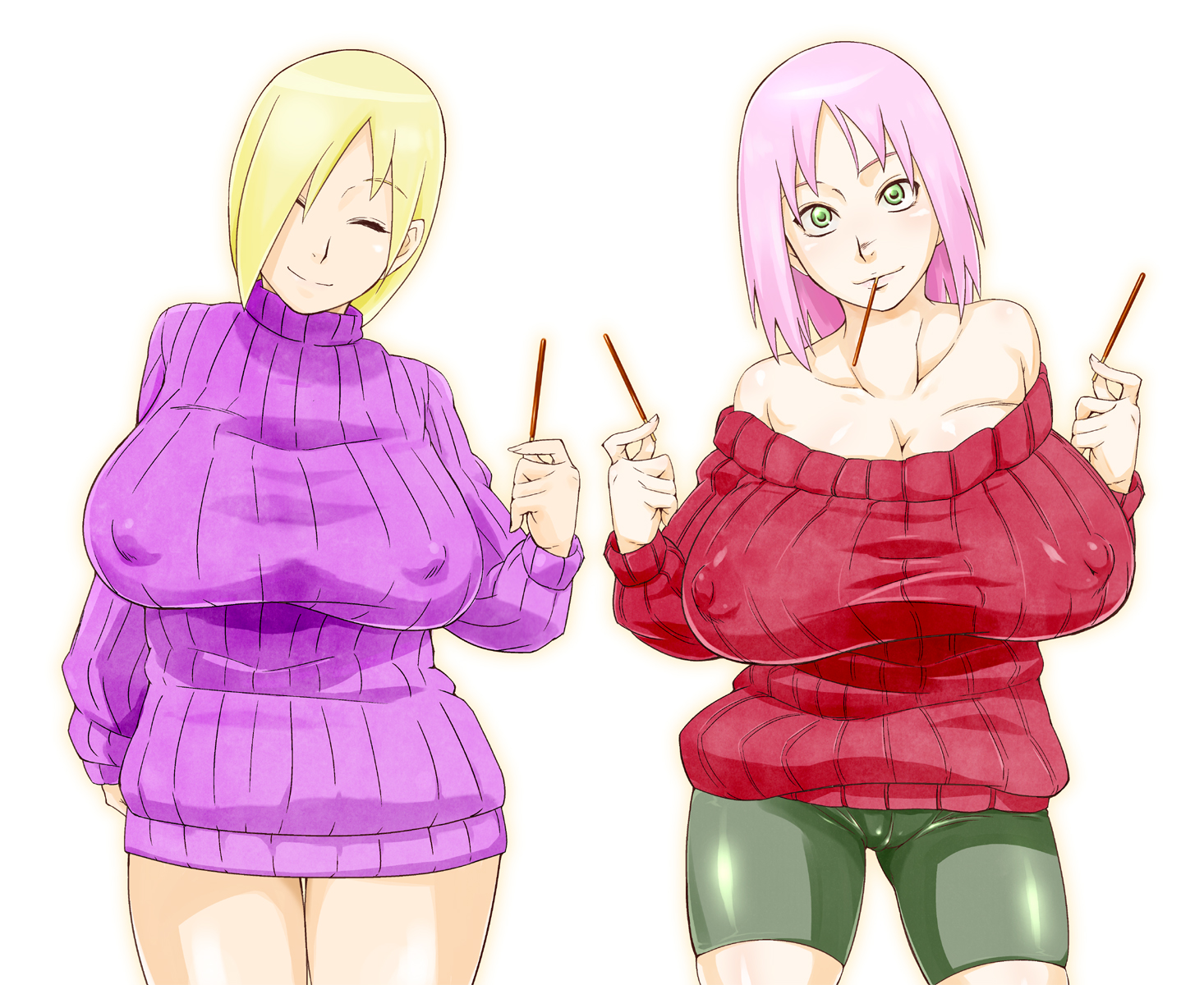 2girls, almost naked, bare legs, bare shoulders, barely clothed, big breasts, bike shorts, blonde hair, bottomless, breasts, closed eyes, erect nipples, erect nipples under clothes, female, female only, green eyes, holding object, huge breasts, ino yamanaka, large breasts, looking at viewer, mostly nude, multiple females, multiple girls, naruto, naruto (series), naruto shippuden, nipples, offering, offering to another, pink hair, pocky, pocky in mouth, puffy nipples, sakura haruno, smile, sunahara wataru, sweater, visible nipples, voluptuous