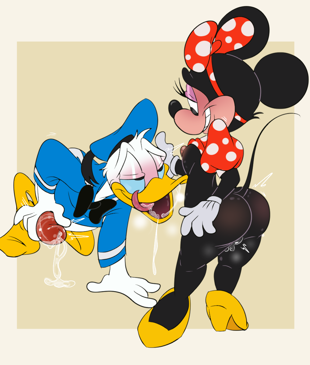 anatid anseriform anthro ass avian bird black_body blush bodily_fluids bottomless bow_(feature) breasts cjzilla88 clothed clothing clothing_lift disney donald_duck duck duo ejaculating_cum female genital_fluids half-closed_eyes hat headgear headwear kneeling licking licking_lips looking_at_another male mammal masturbation minnie_mouse mouse murid murine narrowed_eyes nipples pussy_juice rodent sailor_uniform shirt shirt_lift simple_background smile standing tongue tongue_out topwear white_body