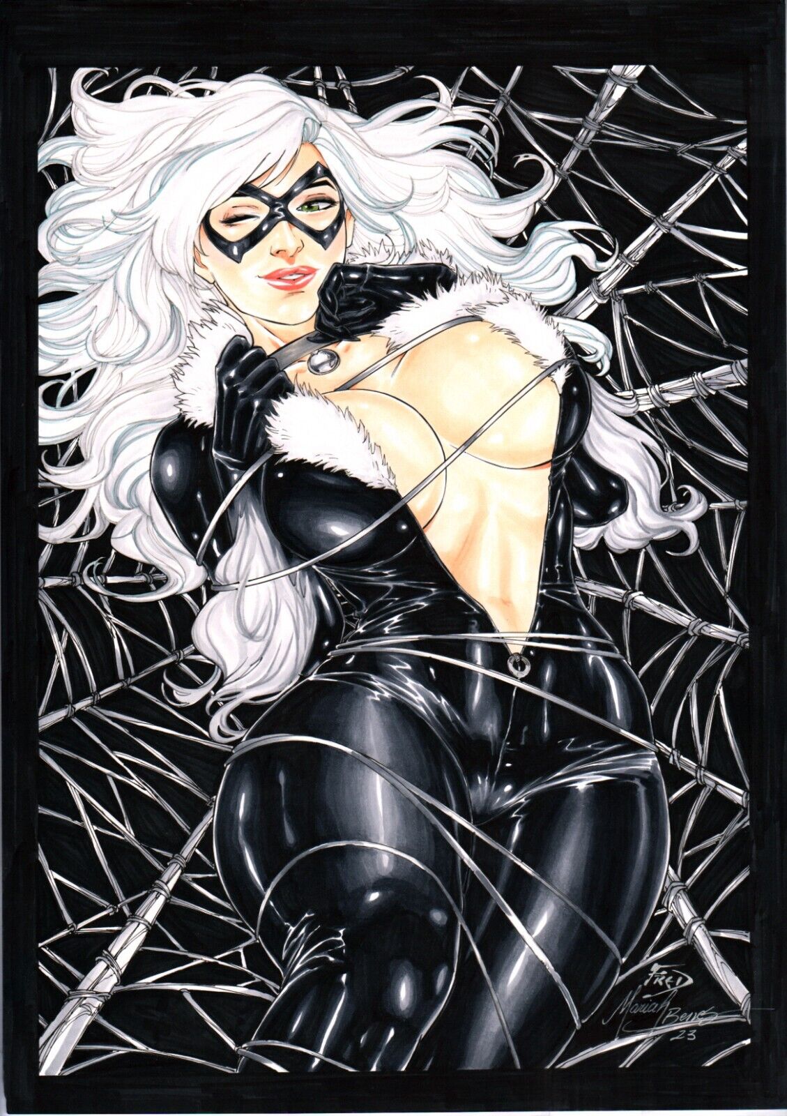 1girls black_cat_(marvel) cleavage curvy_body curvy_female curvy_figure deep_cleavage ed_benes_studio felicia_hardy full_cleavage hi_res huge_breasts latex_suit long_hair looking_at_viewer mariah_benes marvel marvel_comics skin_tight solo_female solo_focus spider-man_(series) victim_official voluptuous voluptuous_female white_hair