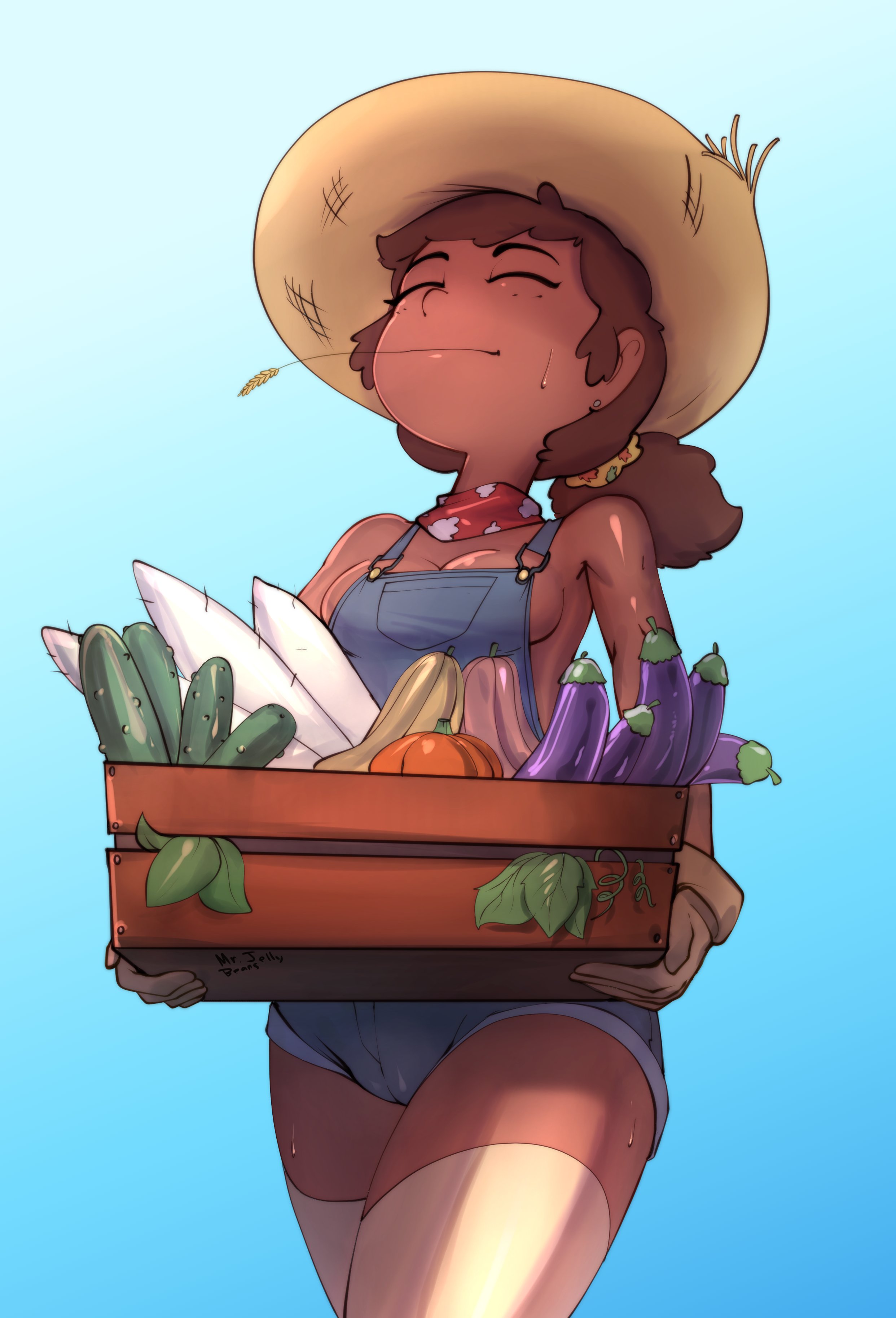 1girls, amphibia, amphibia (finale), anne boonchuy, apron, breasts, brown hair, cameltoe, disney, disney channel, female, female only, light skin, light-skinned female, medium breasts, mr.jellybeans, no bra, overalls, pussy, solo, straight hair, thai, thai female, thighhighs, vegetable, young, younger female