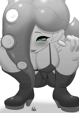 agent 3 (splatoon), animal humanoid, anthro, ass, big breasts, breasts, cephalopod, cephalopod humanoid, clothed, clothing, crouching, drooling, female, female only, giantess, green eyes, humanoid, inkling, inkling girl, nintendo, nobunagapero, octoling, octoling rival, octopus, peronattu, pointy ears, pseudo hair, saliva, saliva trail, shorts, splatoon, splatoon (series), squid, tentacle, tentacle hair, tongue, tongue out