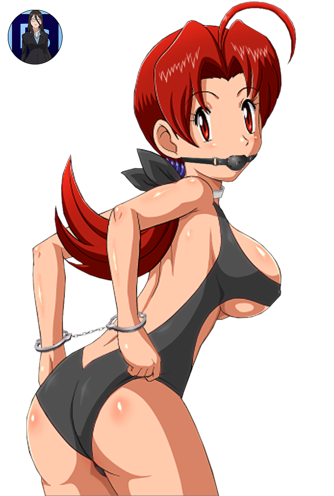 1girls arms_behind_back ass ball_gag black_ball_gag black_swimsuit bondage bossbb41 breasts choker cuffs delia_ketchum_(pokemon) female femsub gag gagged hand_cuffs large_breasts long_hair looking_at_viewer looking_back nintendo one-piece_swimsuit pokemon red_eyes red_hair restrained solo solo_female swimsuit third-party_edit