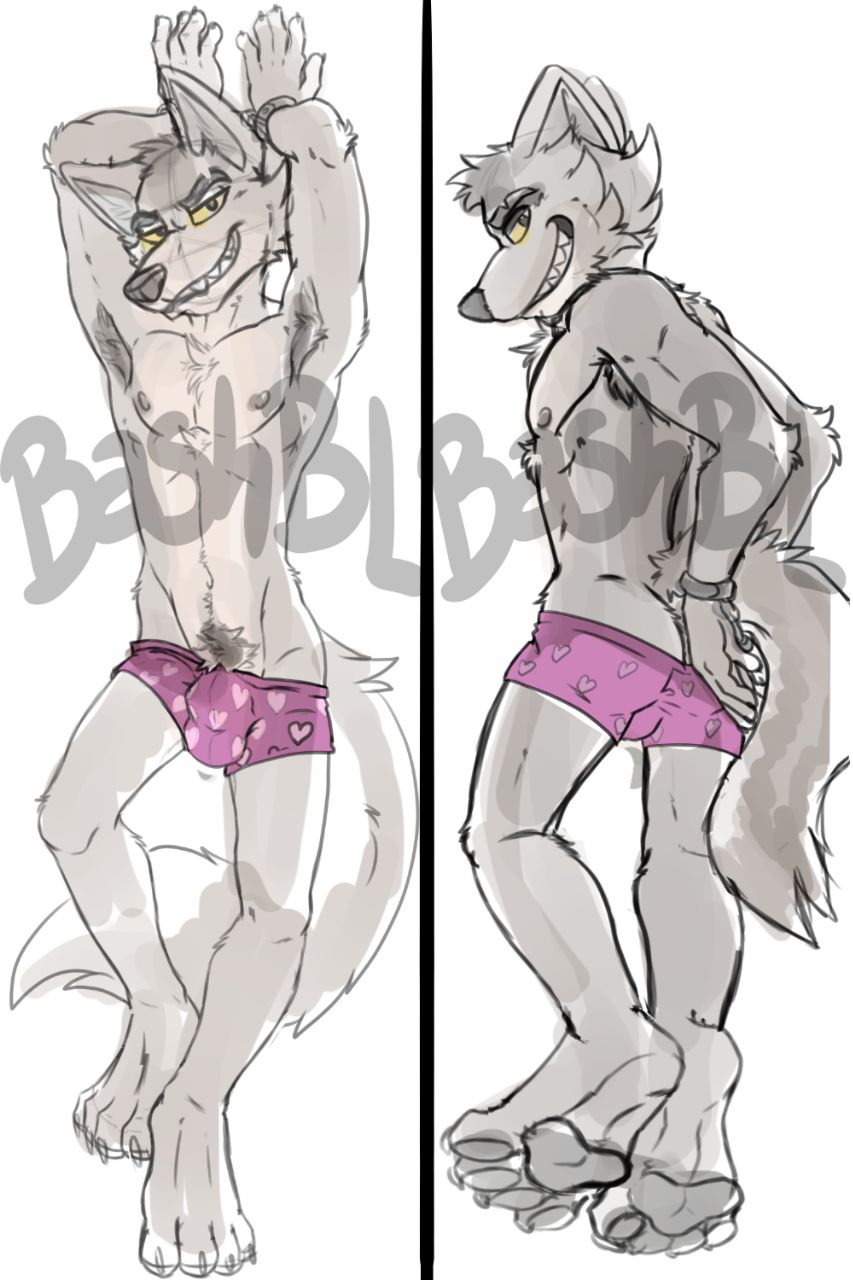 anthro armpit_hair bashbl-ux body_hair body_pillow canid canine canis clothed clothing dakimakura_design dakimakura_pillow dreamworks heart_underwear hi_res looking_at_viewer looking_back looking_back_at_viewer male male_only mammal mr._wolf_(the_bad_guys) pillow solo the_bad_guys underwear wolf