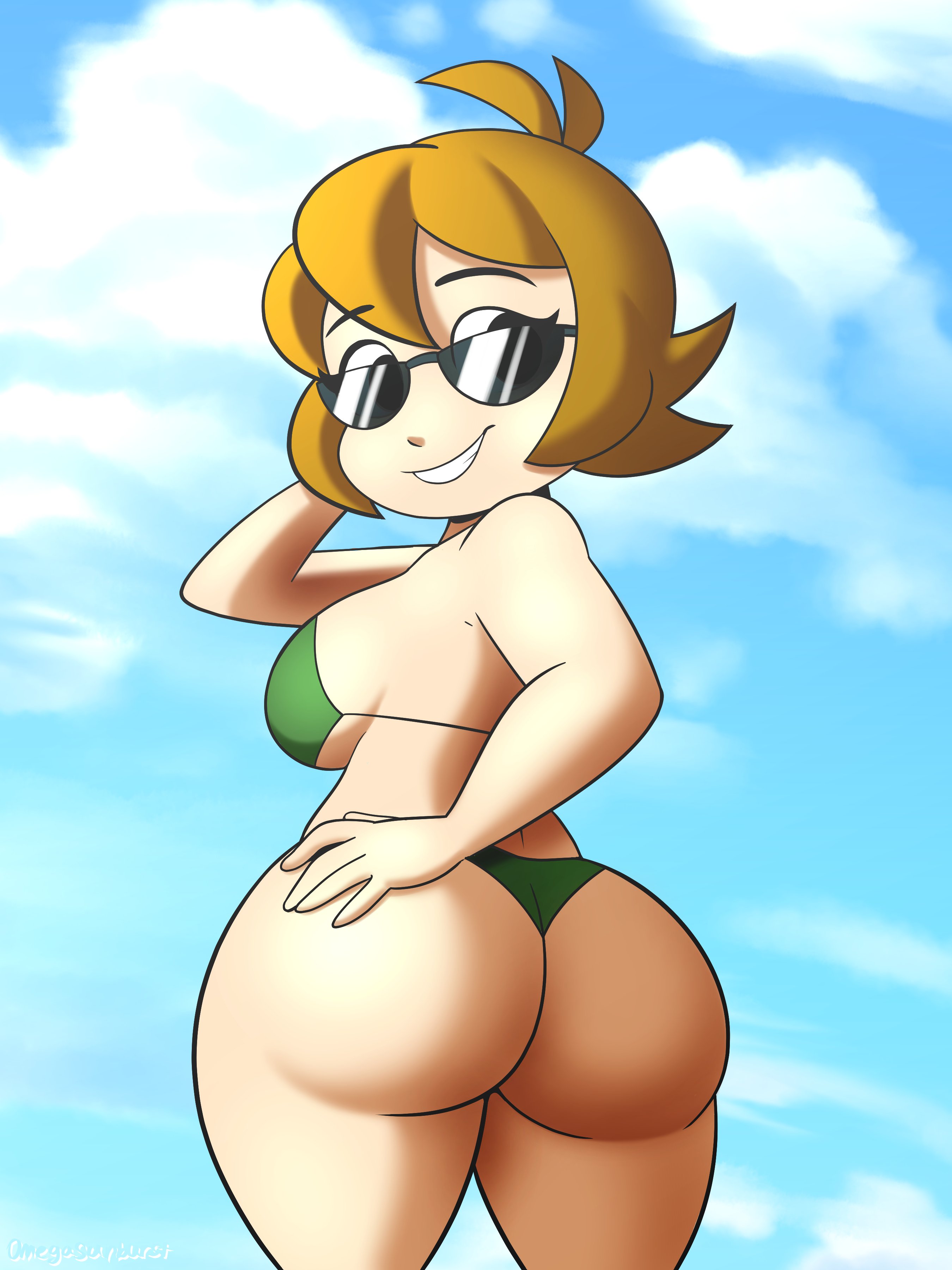 1girls, ass, ass focus, back, back view, big ass, bikini, bikini bottom, bikini top, black eyes, breasts, brown hair, eyewear, female, female only, green bikini, hand on hip, hips, huge ass, looking over eyewear, looking over glasses, looking over sunglasses, mighty switch force, omegasunburst, patricia wagon, sideboob, smile, solo, solo female, sunglasses, swimsuit, swimwear, thick thighs, thighs, tinted eyewear, wayforward, wide hips