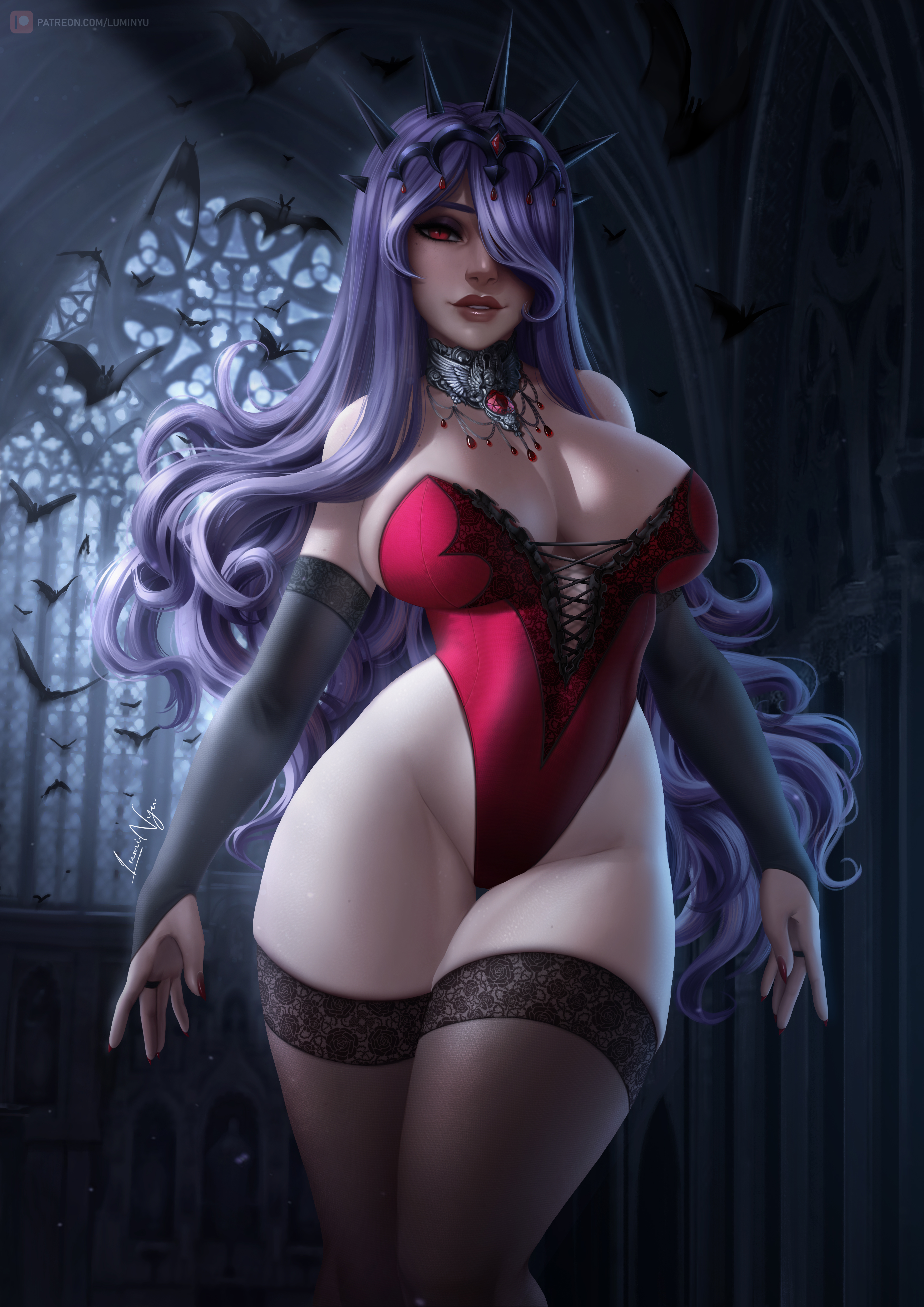 1girls, absolute territory, alternate costume, arms at sides, bare shoulders, bare thighs, bat, bats, big breasts, black gloves, black legwear, breasts, bridal gauntlets, camilla (fire emblem), cleavage, commentary, curly hair, curvy, elbow gloves, english commentary, female, female only, fire emblem, fire emblem fates, gem, gloves, hair ornament, hair over one eye, halloween, halloween costume, hartman hips, highleg, highleg leotard, highres, hips, huge breasts, indoors, large breasts, legs together, leotard, light skin, light-skinned female, lips, long hair, looking at viewer, luminyu, mole, mole on breast, nail polish, nintendo, pale skin, pale-skinned female, parted lips, patreon username, purple hair, red eyes, red leotard, red nails, slim thick, slim waist, smile, solo, standing, stockings, strapless, strapless leotard, thick thighs, thigh gap, thighhighs, thighs, thunder thighs, thunderthighs, tiara, vampire, very long hair, video game, video game character, video games, voluptuous, wide hips