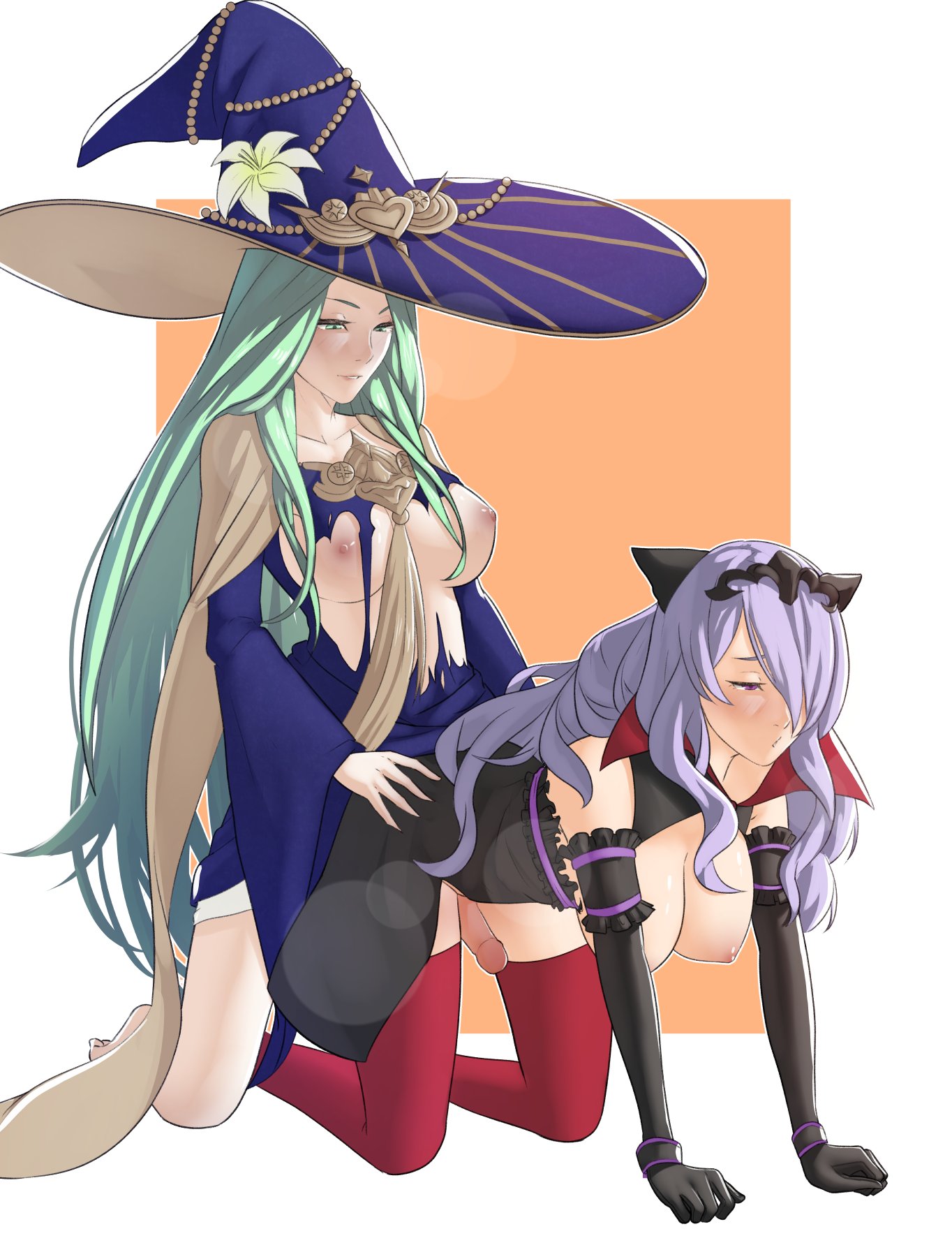2futas, all fours, alternate costume, anal, bare legs, big penis, breasts, breasts out, camilla (fire emblem), clothed, clothing, doggy style, duo, elbow gloves, erection, fire emblem, fire emblem fates, fire emblem heroes, fire emblem: three houses, futa on futa, futa only, futanari, gloves, green eyes, green hair, hair over one eye, halloween, halloween costume, horns, human, intersex, kneeling, large breasts, light skin, light-skinned futa, long hair, medium breasts, mostly clothed, nintendo, nipples, open mouth, penis, pink eyes, pomelomelon, purple hair, rhea (fire emblem), sex, thighhighs, torn clothes, very long hair, witch, witch hat