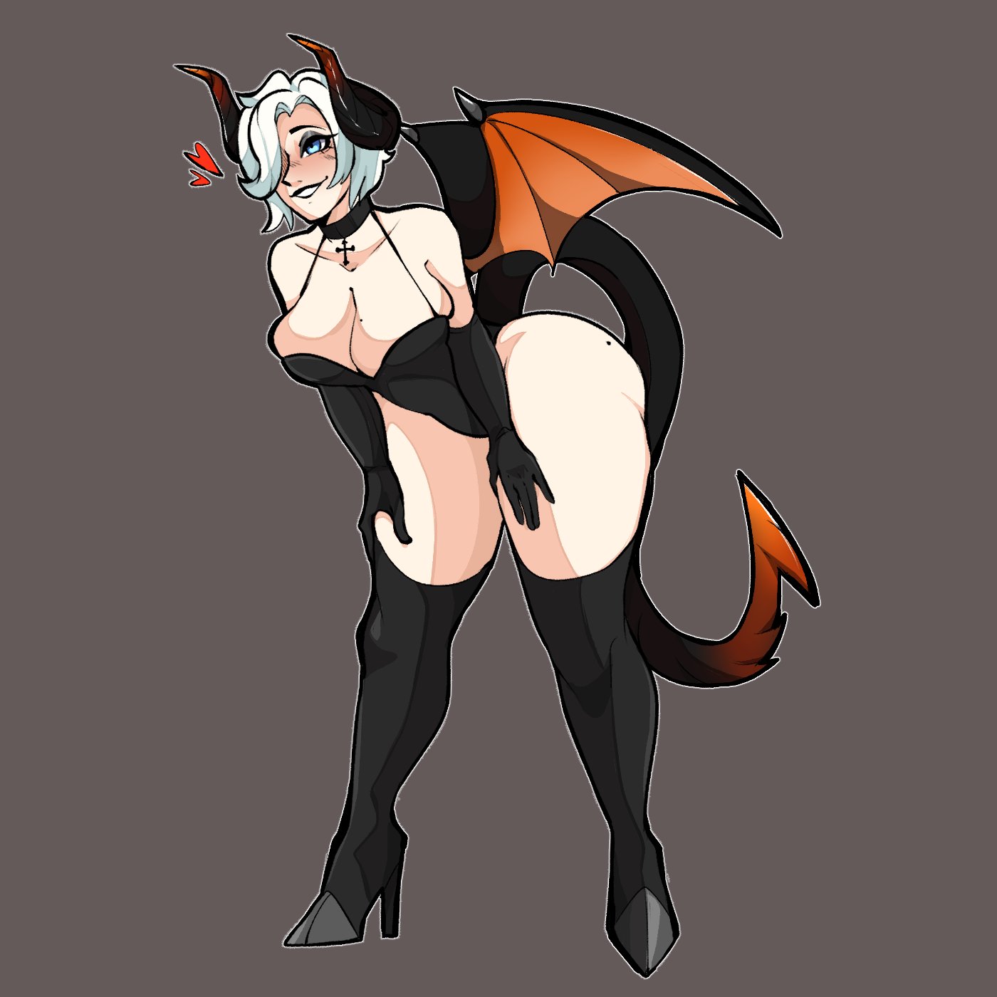 1girls, ass, bare thighs, black lips, black lipstick, blue eyes, bluueygooey, boots, breasts, choker, cleavage, curvy, elbow gloves, female, female only, gloves, hair over one eye, high heels, large ass, large breasts, leaning forward, lipstick, mercy, mole, mole on ass, mole on breast, overwatch, short hair, smile, solo, thick thighs, thigh boots, thighs, voluptuous, white hair