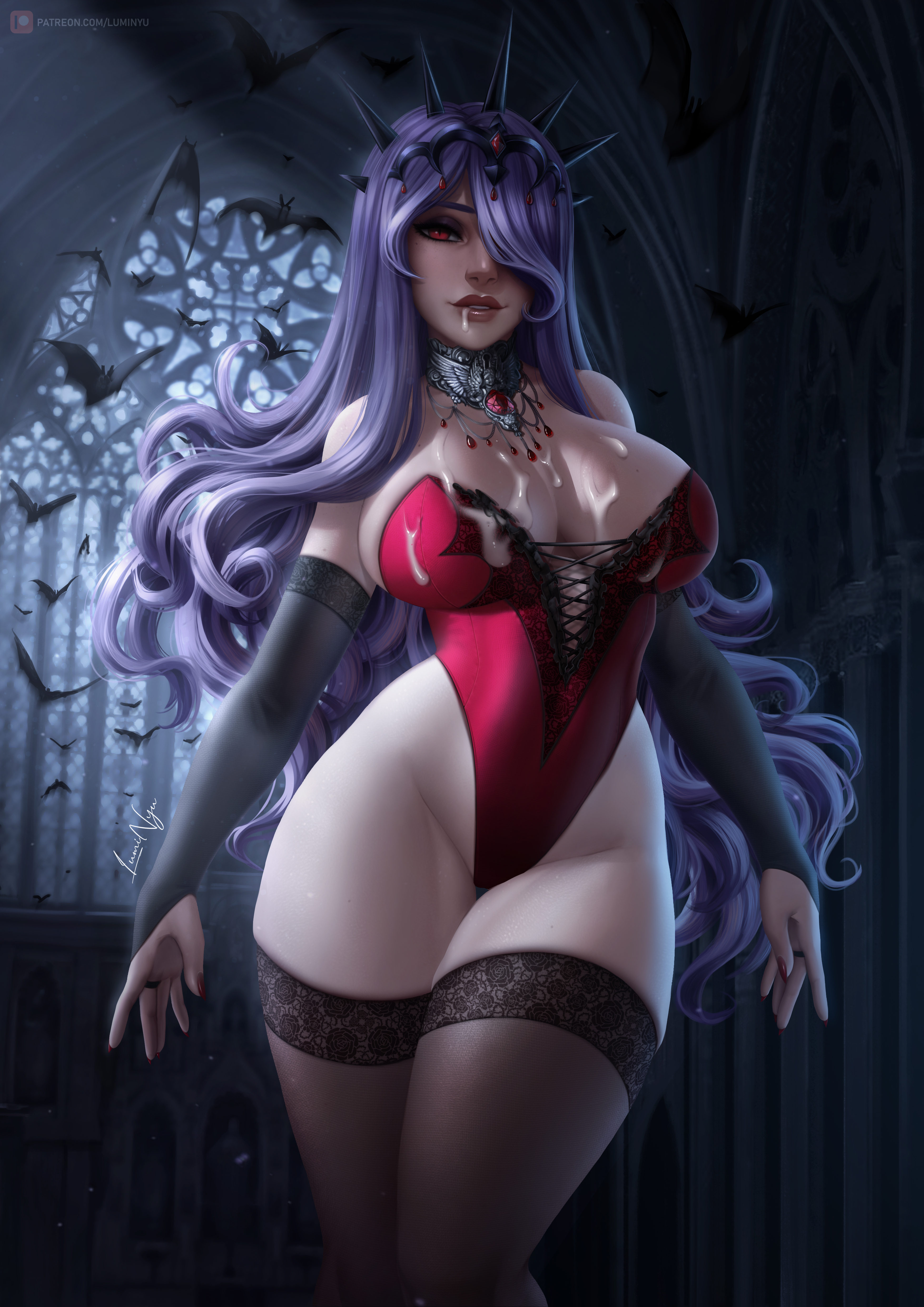 1girls, absolute territory, alternate costume, arms at sides, bare shoulders, bare thighs, bat, bats, big breasts, black gloves, black legwear, breasts, bridal gauntlets, camilla (fire emblem), cleavage, commentary, cum, cum drip, cum dripping, cum on body, cum on breasts, cum on chest, cum on clothes, cum on clothing, cum on upper body, cumshot, curly hair, curvy, elbow gloves, english commentary, female, female only, fire emblem, fire emblem fates, gem, gloves, hair ornament, hair over one eye, halloween, halloween costume, hartman hips, highleg, highleg leotard, highres, hips, huge breasts, indoors, large breasts, legs together, leotard, light skin, light-skinned female, lips, long hair, looking at viewer, luminyu, mole, mole on breast, nail polish, nintendo, pale skin, pale-skinned female, parted lips, patreon username, purple hair, red eyes, red leotard, red nails, slim thick, slim waist, smile, solo, standing, strapless, strapless leotard, thick thighs, thigh gap, thighhighs, thighs, thunder thighs, thunderthighs, tiara, vampire, very long hair, video game, video game character, video games, voluptuous, wide hips