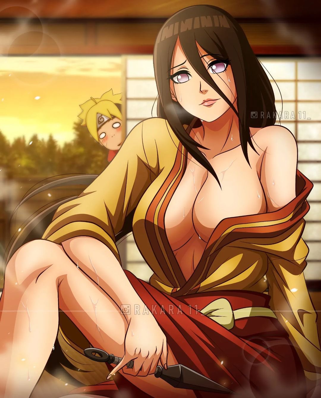 1boy, 1girls, adult, age difference, aunt and nephew, bare legs, bare shoulders, being watched, big breasts, blonde hair, blonde-haired male, blush, blush stickers, boruto: naruto next generations, breasts, brown hair, brown-haired female, female, female focus, hakama, holding object, hyuuga hanabi, implied incest, indoors, japanese clothes, kimono, kunai, kunoichi, large breasts, lavender eyes, light particles, linea alba, looking at viewer, male, naruto, naruto (series), ninja, no bra, off shoulder, rakara11, sitting, skirt, sliding doors, smile, solo, solo female, solo focus, sunlight, sunset, sweat, sweatdrop, sweating, teenager, uzumaki boruto, watching, weapon, yukata