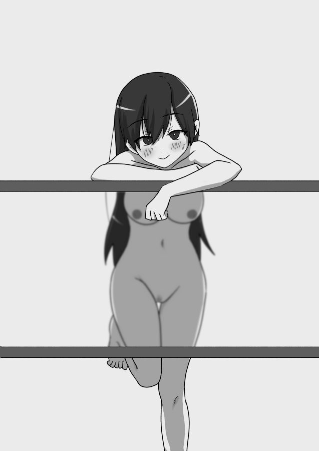 1girls black_and_white black_hair blush blush_lines blushing_at_viewer breasts casual casual_exposure female female_focus female_only frosted_glass full_body girly glass hair leaning leaning_forward long_hair looking_at_viewer mari_(omori) naked naked_female nonsexual_nudity nude oino_(artist) omori on_one_leg one_leg_up pussy smug smug_face solo window