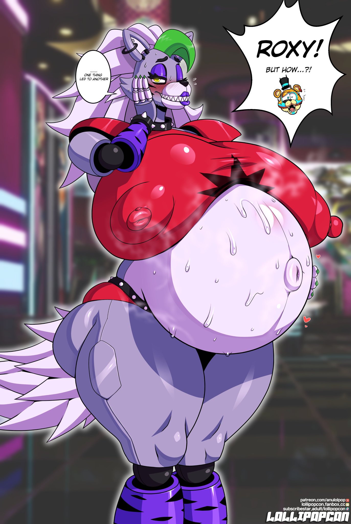 after sex, anthro, anthro only, ass, big ass, big belly, big breasts, breasts, breasts bigger than head, cum, cum inflated belly, cumflated belly, cumflation, dialogue, female, female focus, female only, five nights at freddy's, five nights at freddy's: security breach, freddy (fnaf), glamrock freddy (fnaf), huge ass, huge belly, huge breasts, hyper cumflation, inflation, lollipopcon, nipples visible through clothing, no bra, pregnant, pregnant belly, purple skin, robot, robot girl, robot humanoid, roxanne wolf (fnaf), scottgames, shame, shocked, shocked expression, sideass, speech bubble, steam, sweat, thunder thighs, wolf
