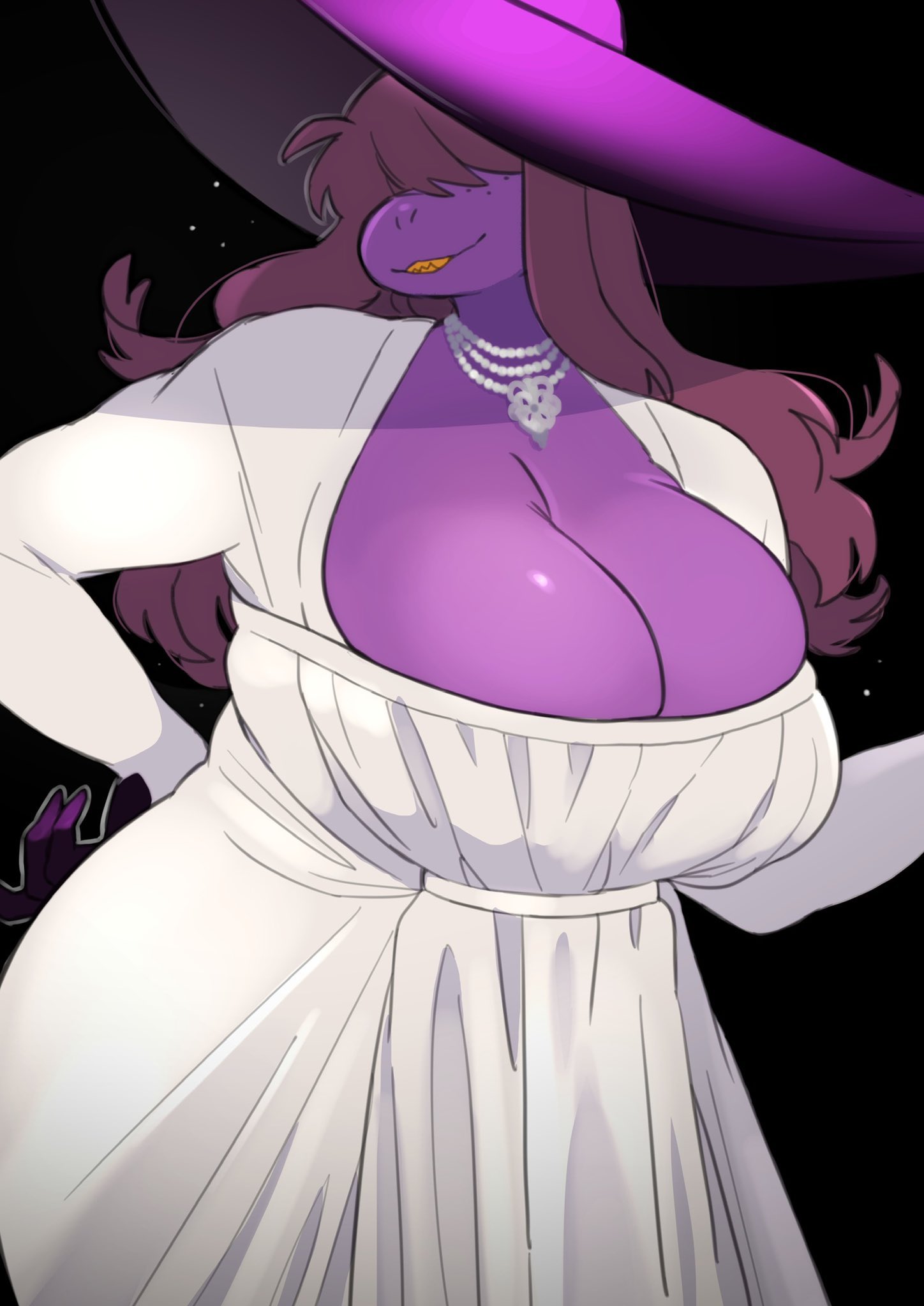 alcina dimitrescu (cosplay), anthro, big breasts, breasts, clothed, clothing, cosplay, crossover cosplay, deltarune, female, resident evil, resident evil 8: village, solo, susie (deltarune), underchikichan, undertale (series)