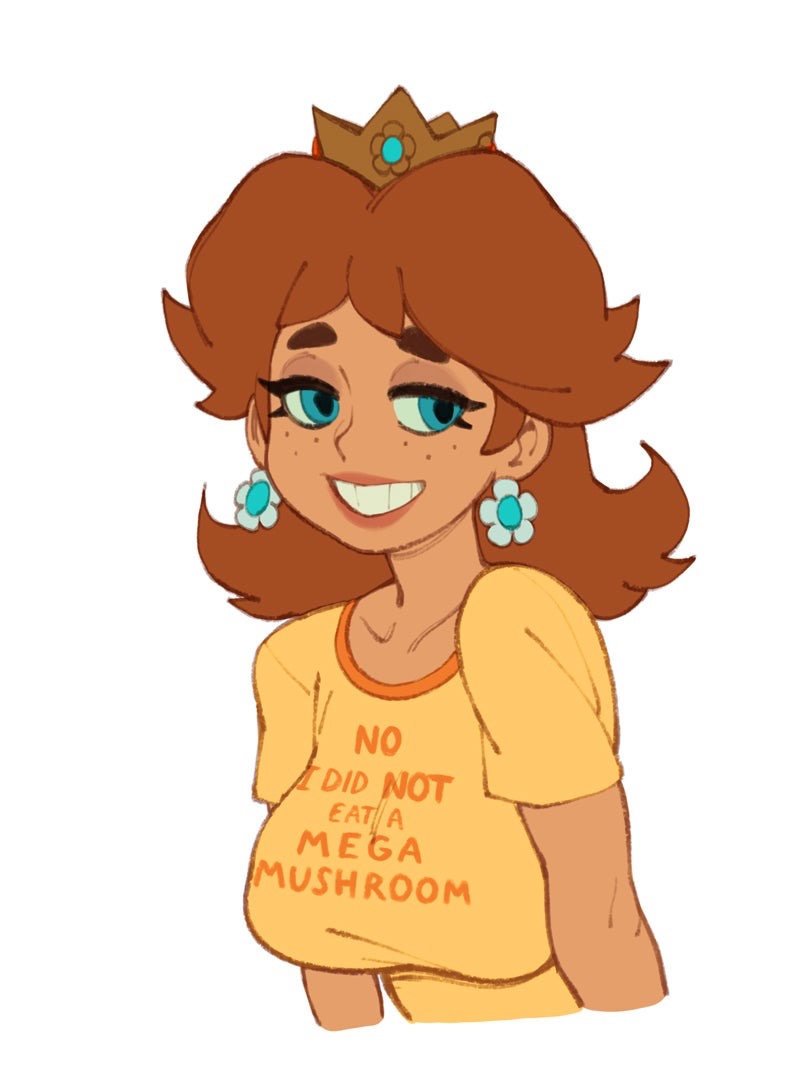 big breasts, breasts, clothed, female, female focus, female only, freckles, fully clothed, mario (series), nintendo, princess daisy, rizdraws, smile, source request, t-shirt, year request