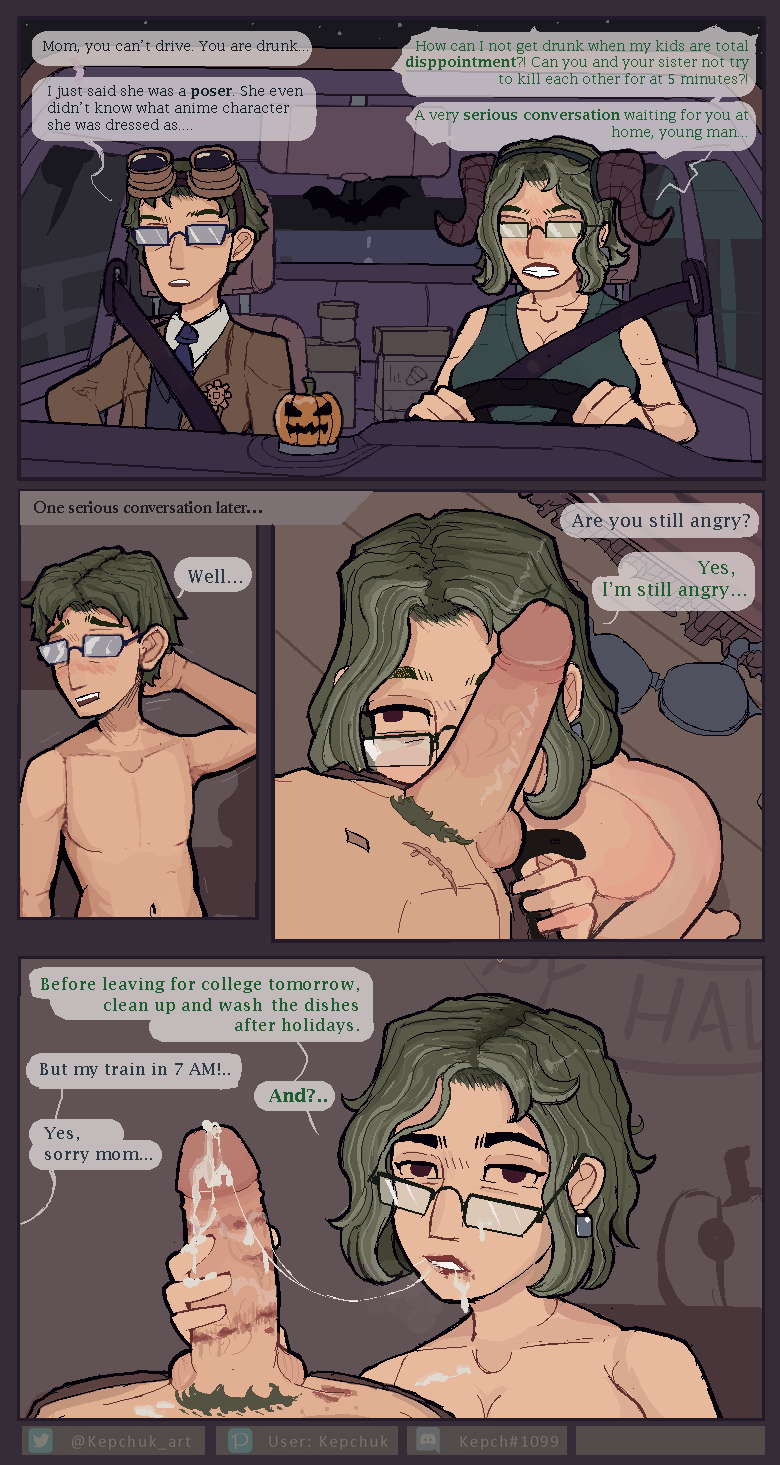 1boy 1girls age_difference blowjob comic commission cum cum_in_mouth cum_on_face dialogue engrish glasses hair happy_sex incest kepchuk lipstick milf mother mother_and_son nettle_root_(kepchuk) nude parent pixel_art punishment raymond_root_(kepchuk) self_upload sex short_hair